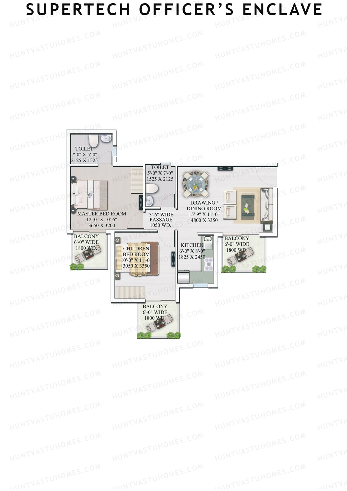 Supertech Officers Enclave, Tower A4, Unit 4, 2BHK, Super Area 985   sq ft 