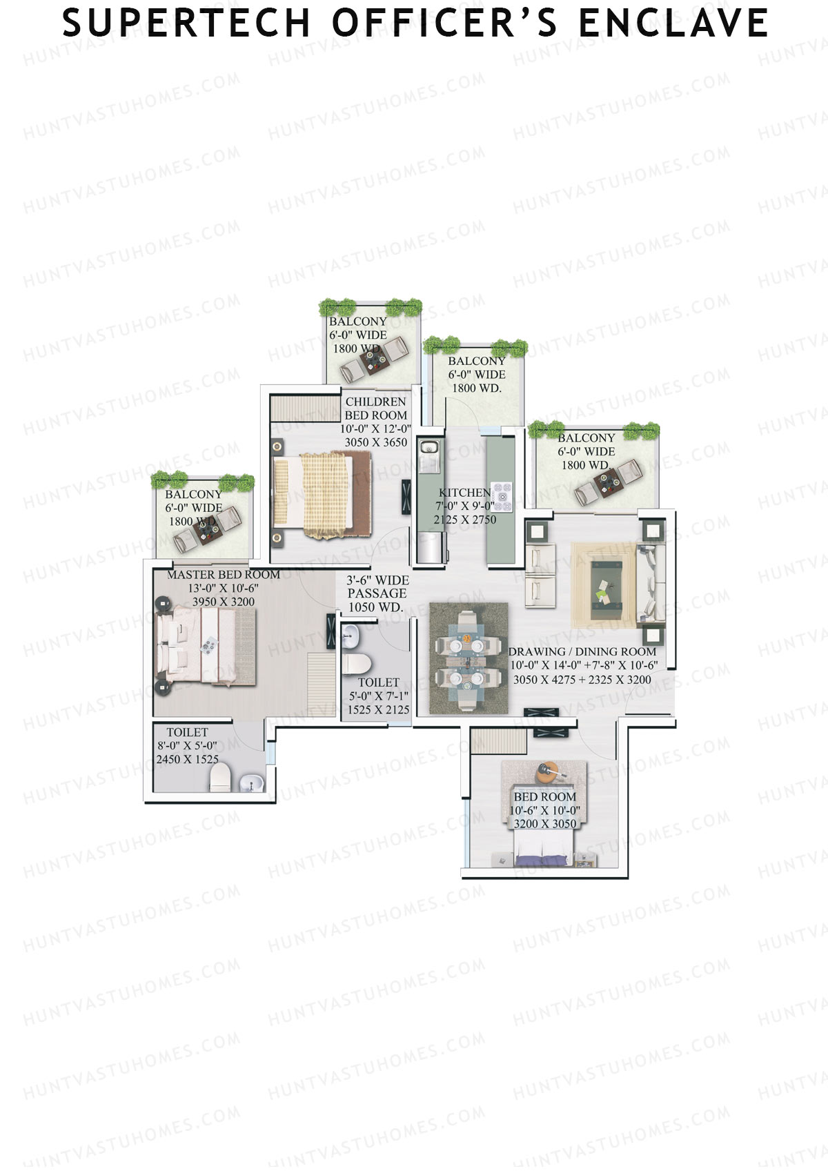 Supertech Officers Enclave, Tower A5, Unit 2, 3BHK, Super Area 1345   sq ft 