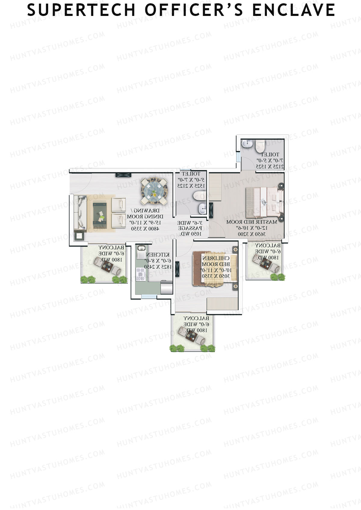 Supertech Officers Enclave, Tower A5, Unit 3, 2BHK, Super Area 985   sq ft 