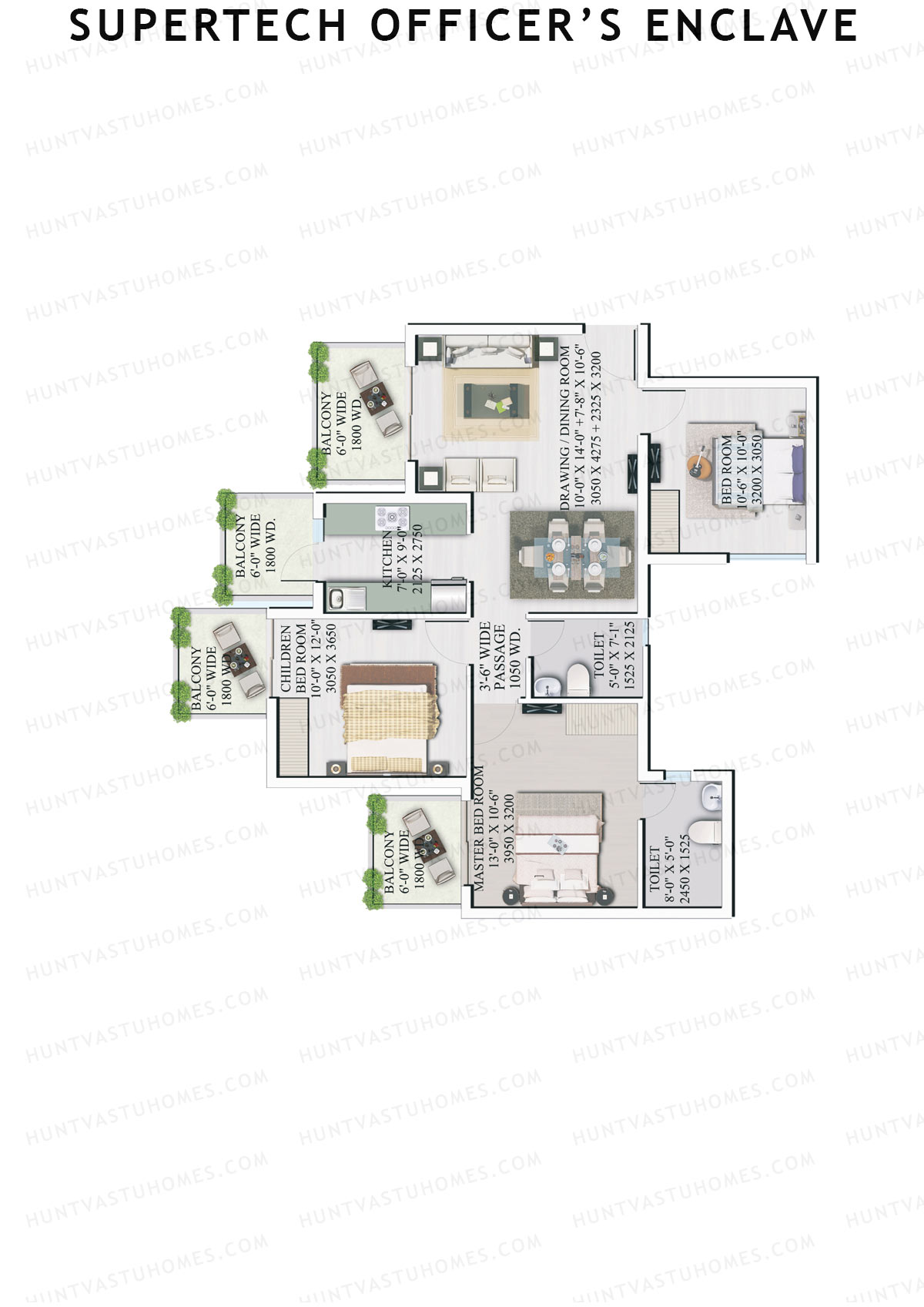 Supertech Officers Enclave, Tower A7, Unit 3, 3BHK, Super Area 1345   sq ft 