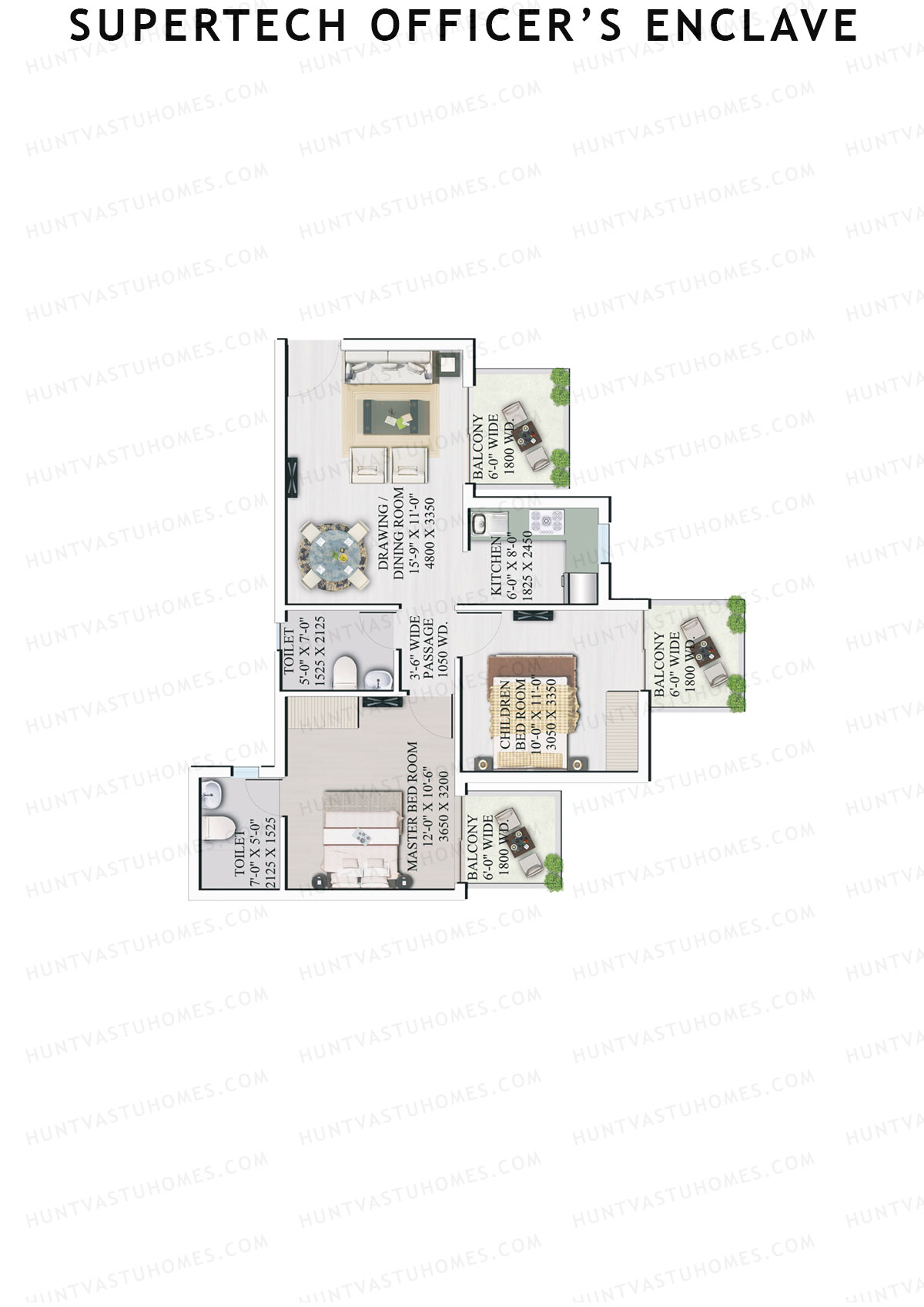 Supertech Officers Enclave, Tower A8, Unit 4, 2BHK, Super Area 985   sq ft 