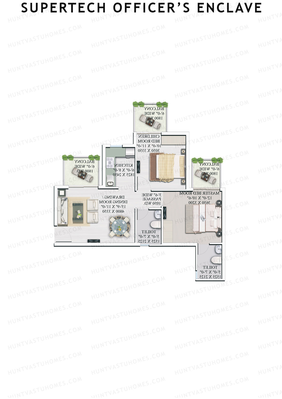 Supertech Officers Enclave, Tower B2, Unit 2, 2BHK, Super Area 985   sq ft 