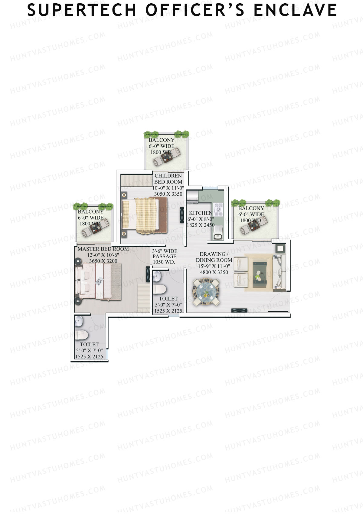 Supertech Officers Enclave, Tower B3, Unit 1, 2BHK, Super Area 985   sq ft 