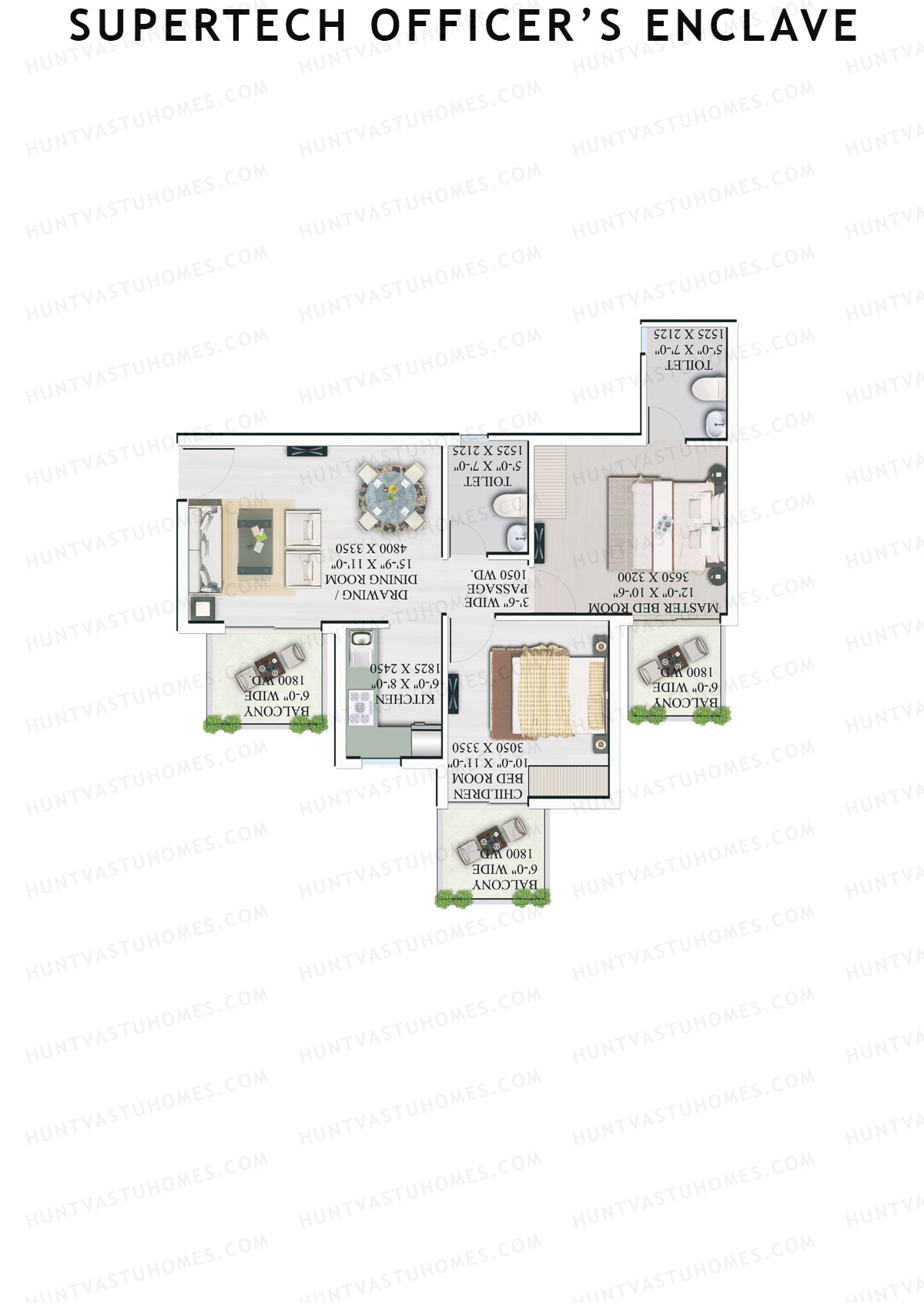 Supertech Officers Enclave, Tower B5, Unit 3, 2BHK, Super Area 985   sq ft 