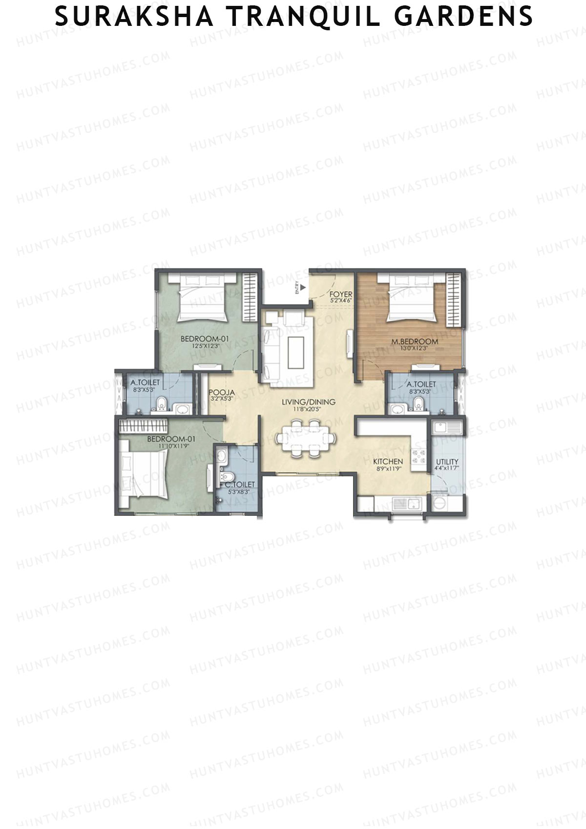 Suraksha Tranquil Gardens, Block Tranquil, Unit 14, 3BHK, Super Area 1629   sq ft 