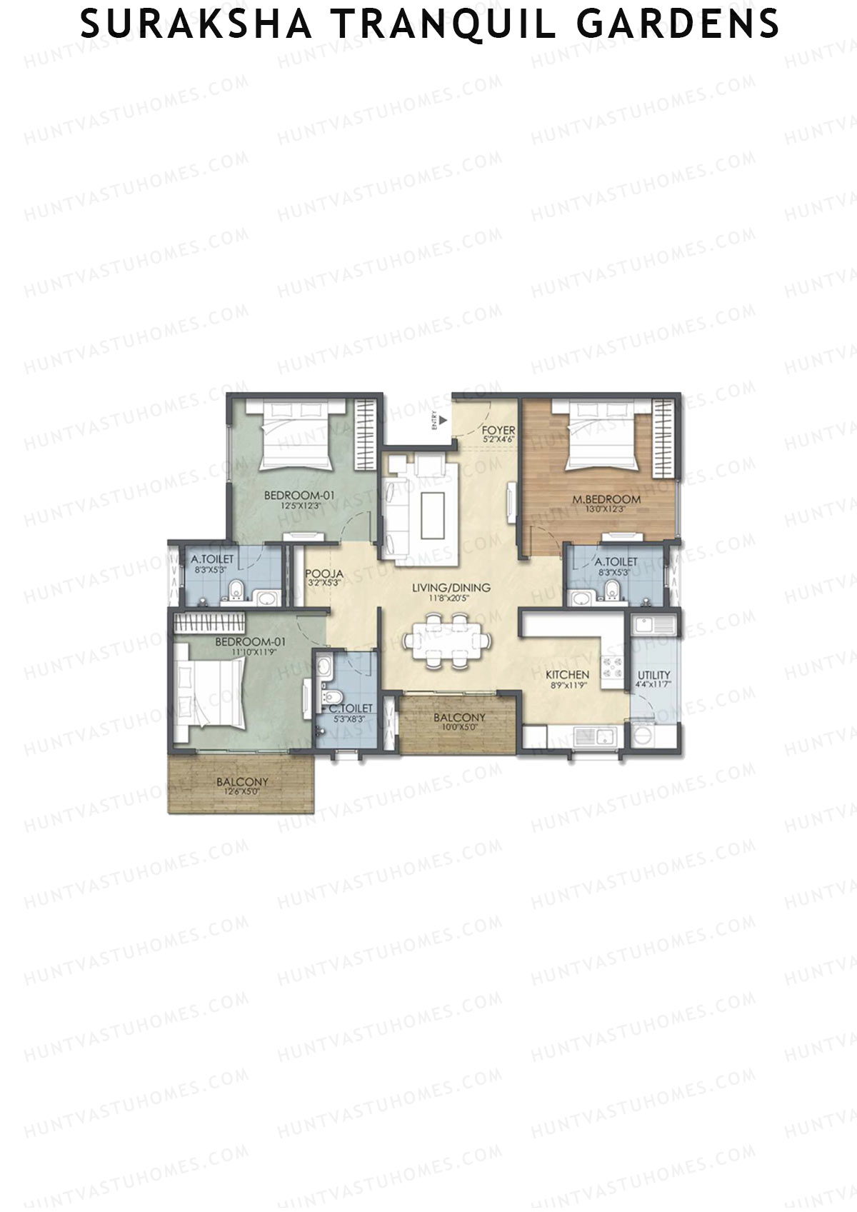 Suraksha Tranquil Gardens, Block Tranquil, Unit 14, 3BHK, Super Area 1704   sq ft 