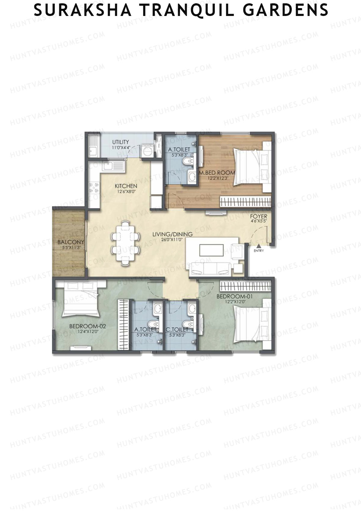 Suraksha Tranquil Gardens, Block Tranquil, Unit 19, 3BHK, Super Area 1582   sq ft 