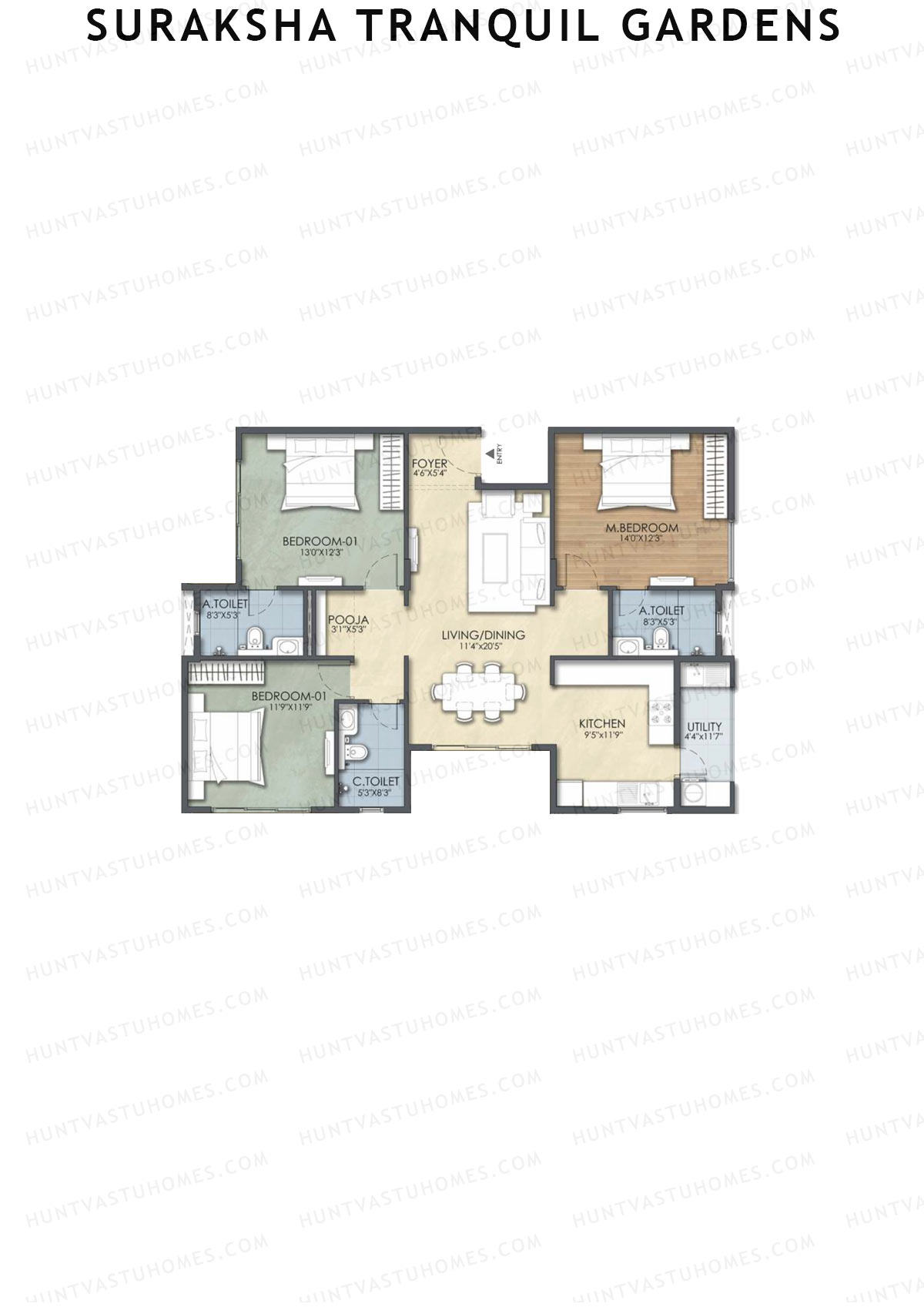 Suraksha Tranquil Gardens, Block Tranquil, Unit 1, 3BHK, Super Area 1733   sq ft 