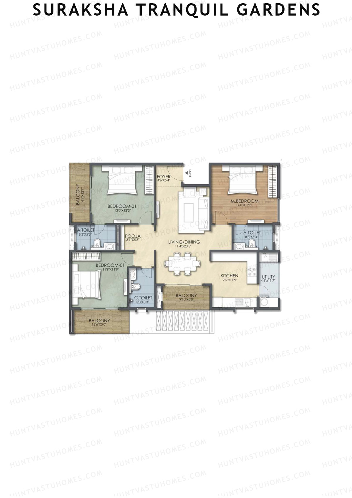Suraksha Tranquil Gardens, Block Tranquil, Unit 1, 3BHK, Super Area 1743   sq ft 