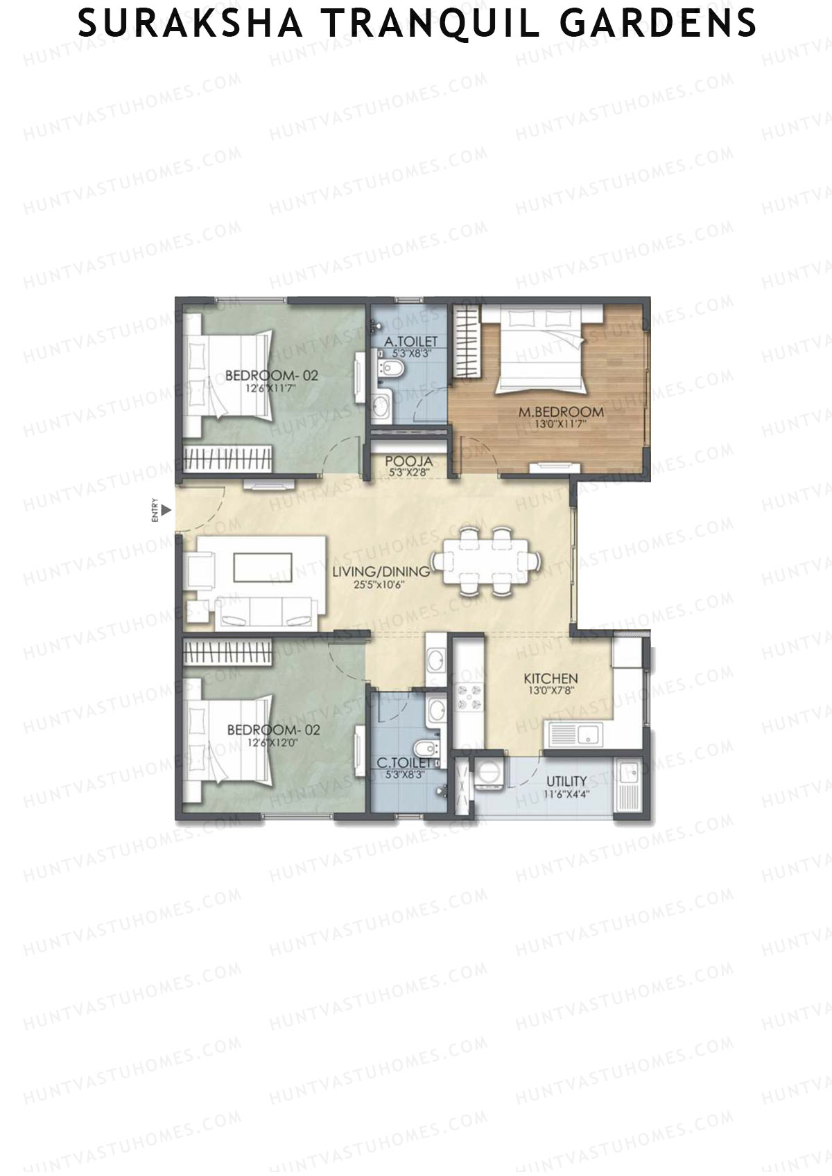 Suraksha Tranquil Gardens, Block Tranquil, Unit 26, 3BHK, Super Area 1458   sq ft 