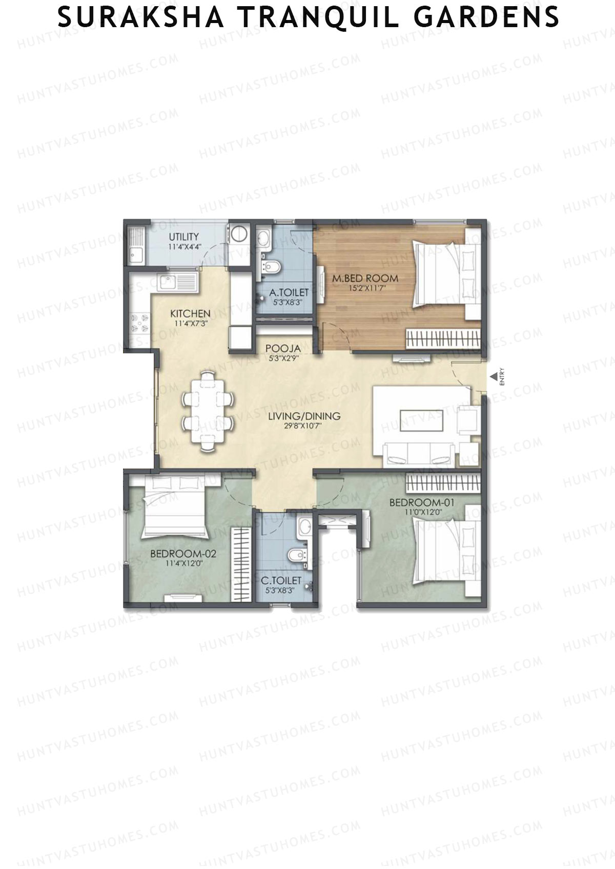 Suraksha Tranquil Gardens, Block Tranquil, Unit 2, 3BHK, Super Area 1482   sq ft 