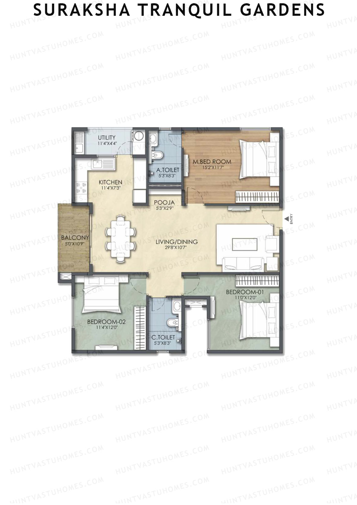 Suraksha Tranquil Gardens, Block Tranquil, Unit 2, 3BHK, Super Area 1482   sq ft 
