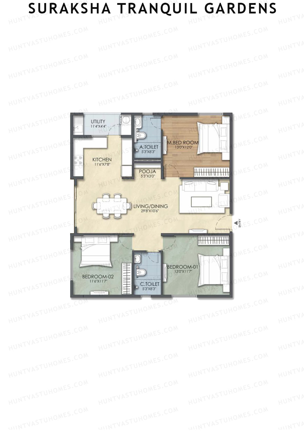 Suraksha Tranquil Gardens, Block Tranquil, Unit 3, 3BHK, Super Area 1460   sq ft 
