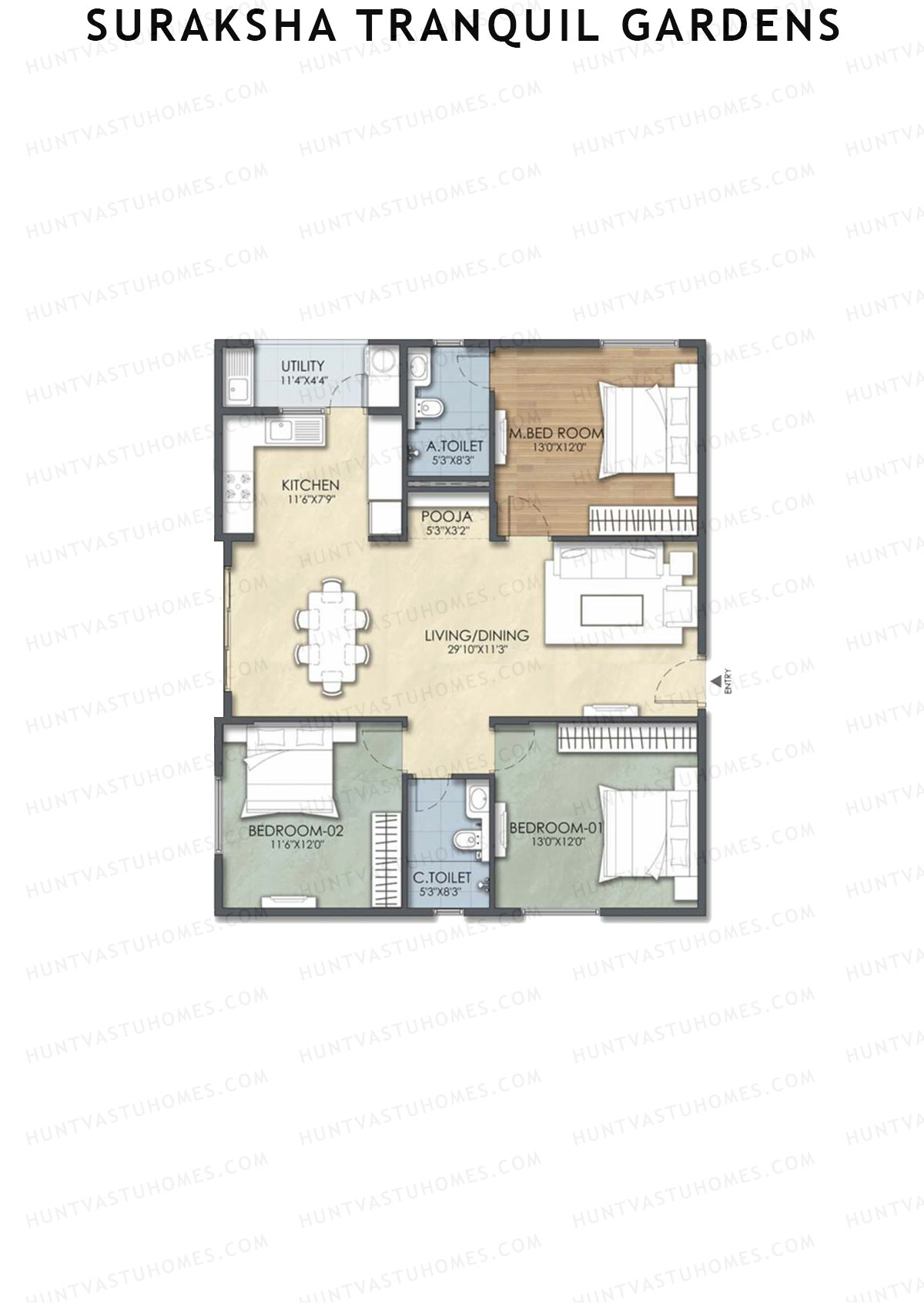 Suraksha Tranquil Gardens, Block Tranquil, Unit 5, 3BHK, Super Area 1512   sq ft 