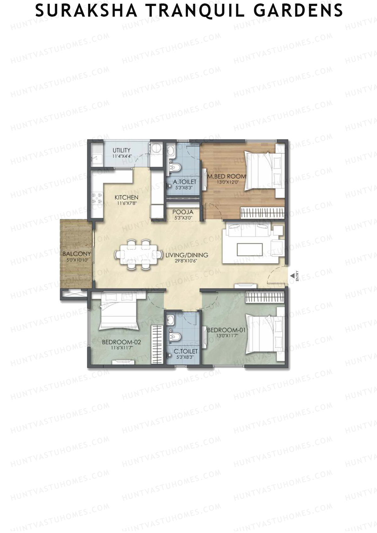Suraksha Tranquil Gardens, Block Tranquil, Unit 6, 3BHK, Super Area 1457   sq ft 