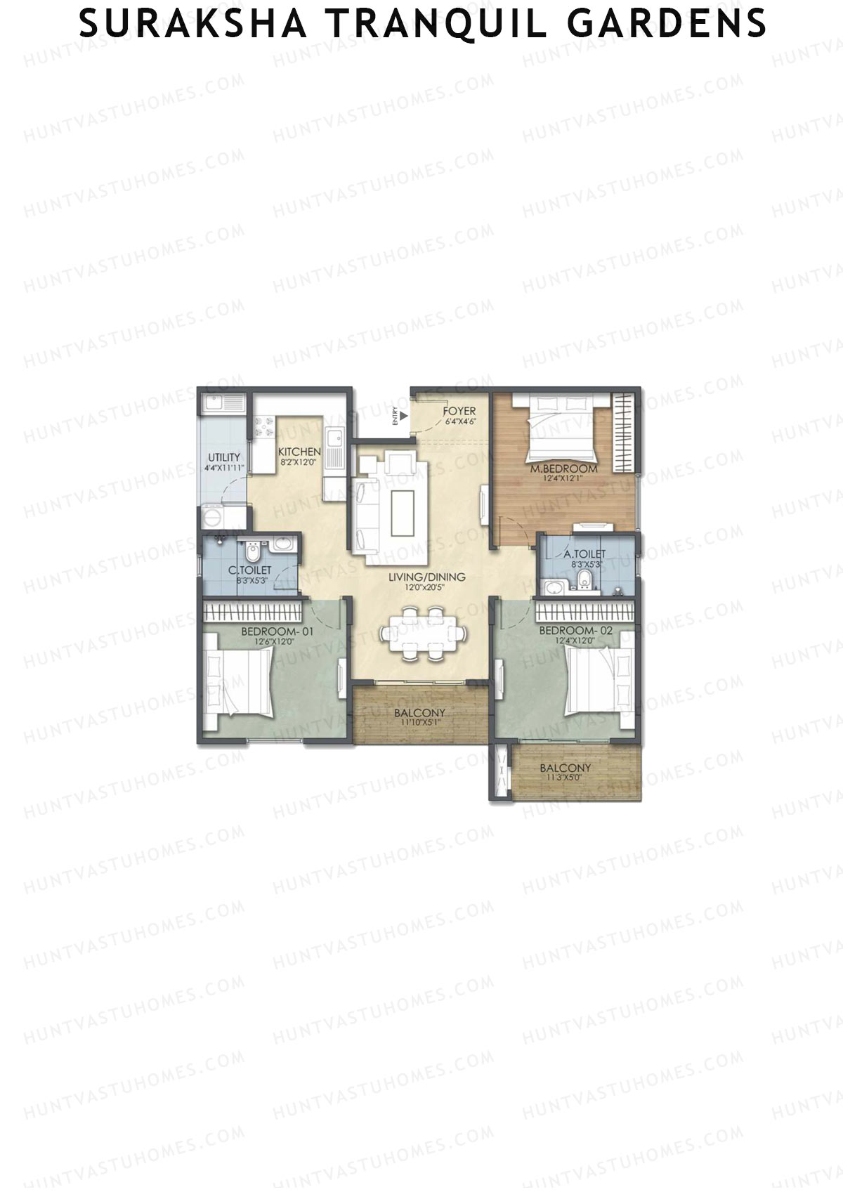 Suraksha Tranquil Gardens, Block Tranquil, Unit 9, 3BHK, Super Area 1530   sq ft 