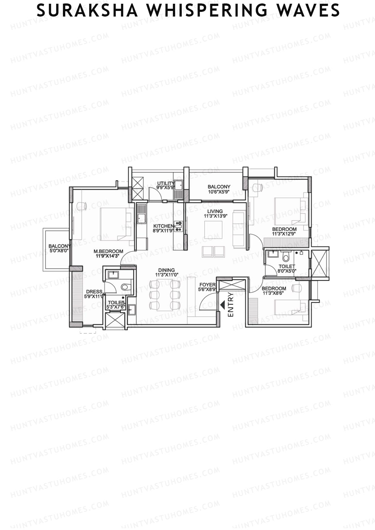 Suraksha Whispering Waves, Tower A, Unit 1 (Type A1), 3BHK, Super Area 1676   sq ft 