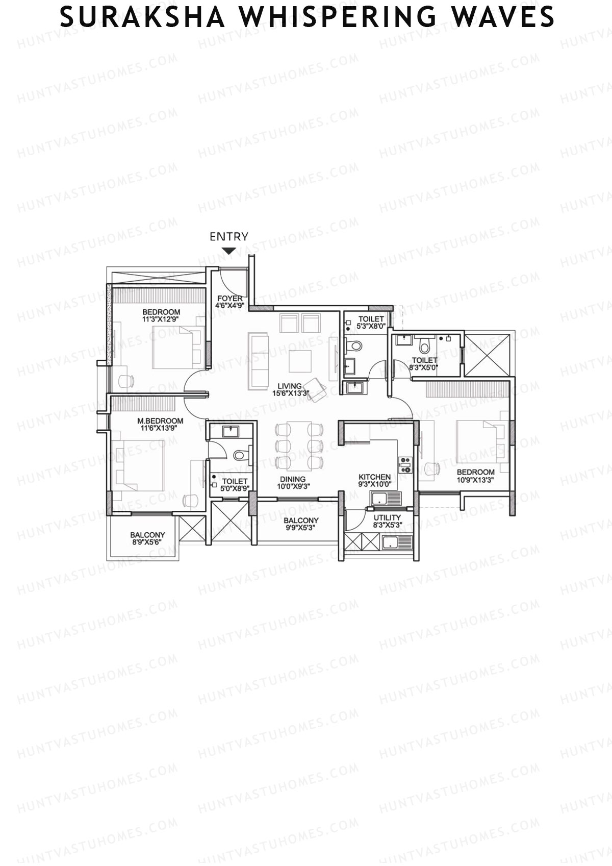 Suraksha Whispering Waves, Tower A, Unit 3 (Type A3), 3BHK, Super Area 1723   sq ft 