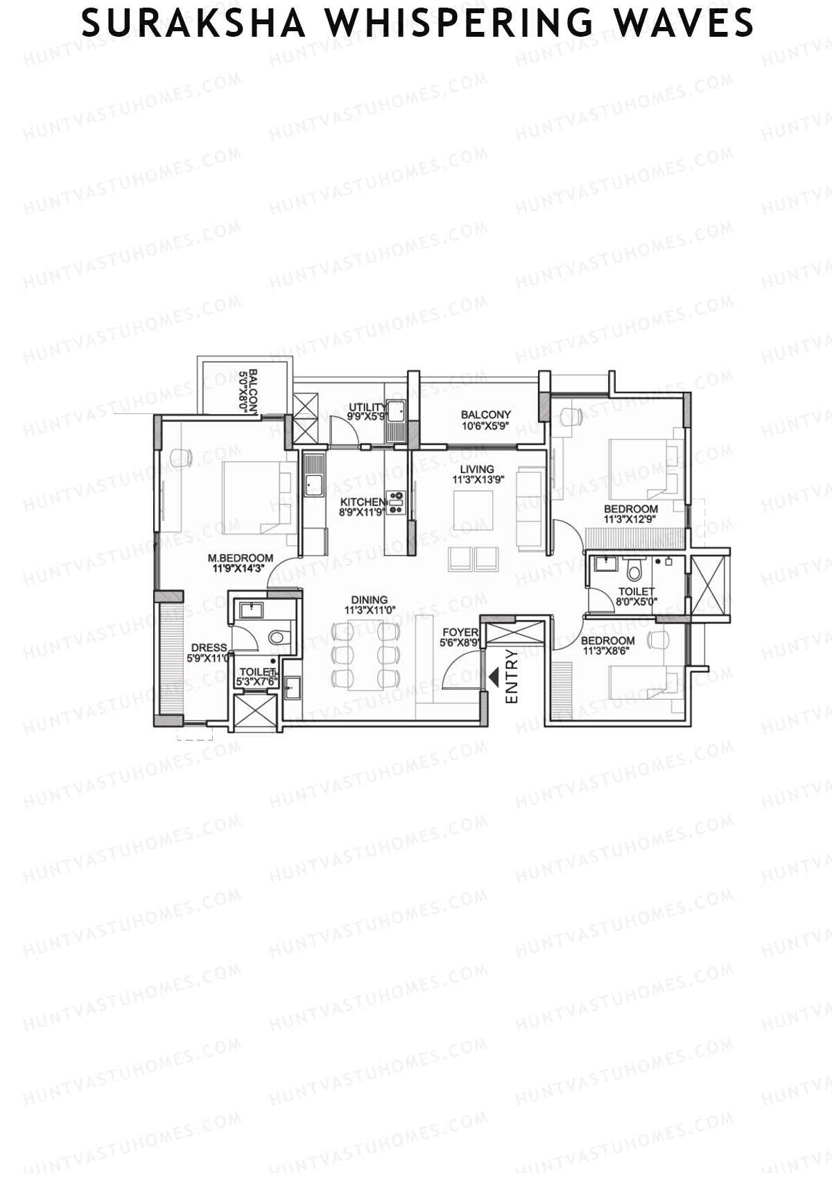 Suraksha Whispering Waves, Tower B, Unit 1 (Type B1), 3BHK, Super Area 1676   sq ft 