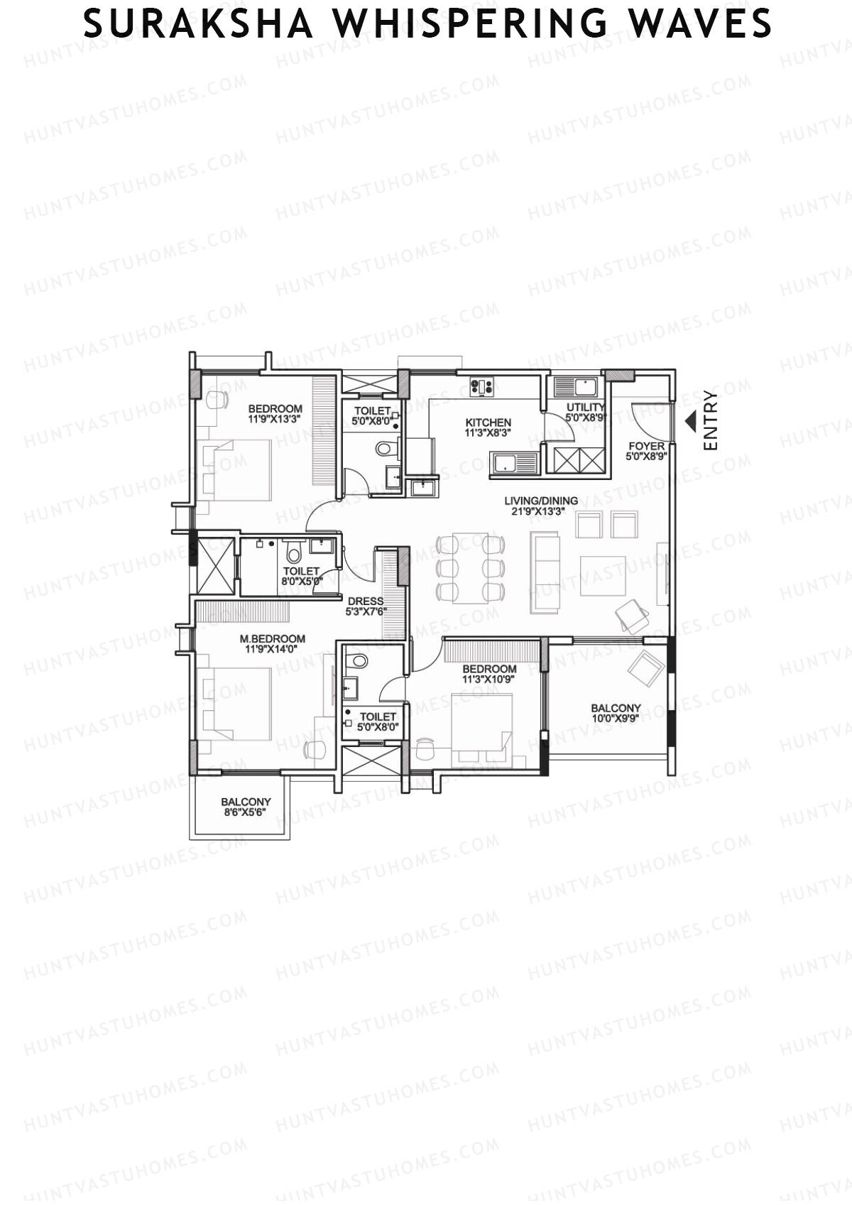 Suraksha Whispering Waves, Tower B, Unit 4 (Type B4), 3BHK, Super Area 1830   sq ft 