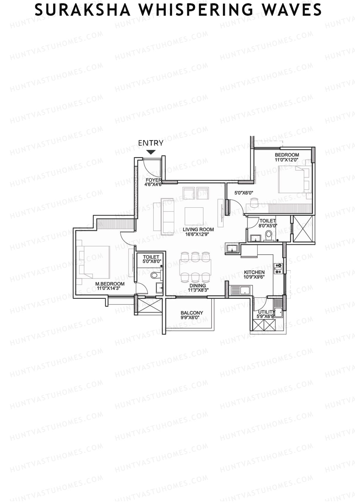 Suraksha Whispering Waves, Tower C, Unit 3 (Type C3), 2BHK, Super Area 1364   sq ft 
