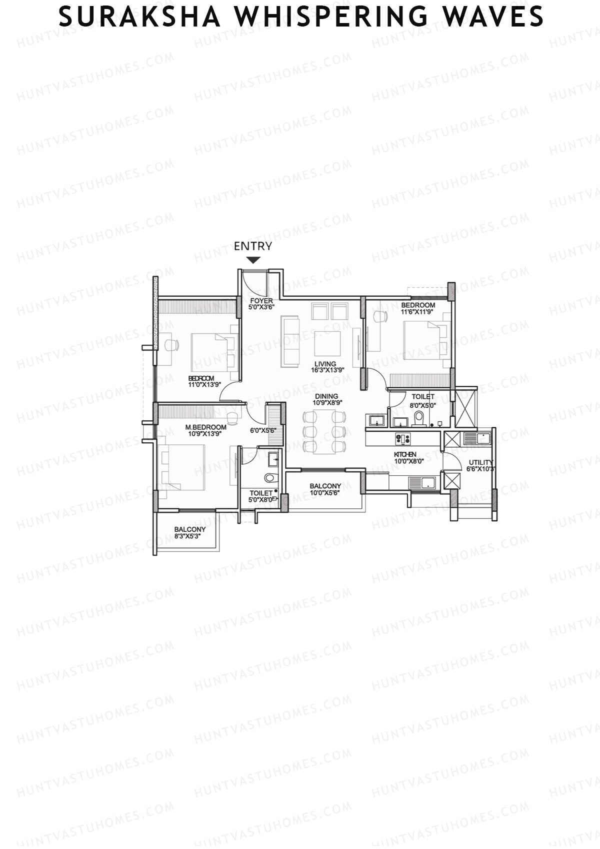Suraksha Whispering Waves, Tower D, Unit 3 (Type D3), 3BHK, Super Area 1019   sq ft 