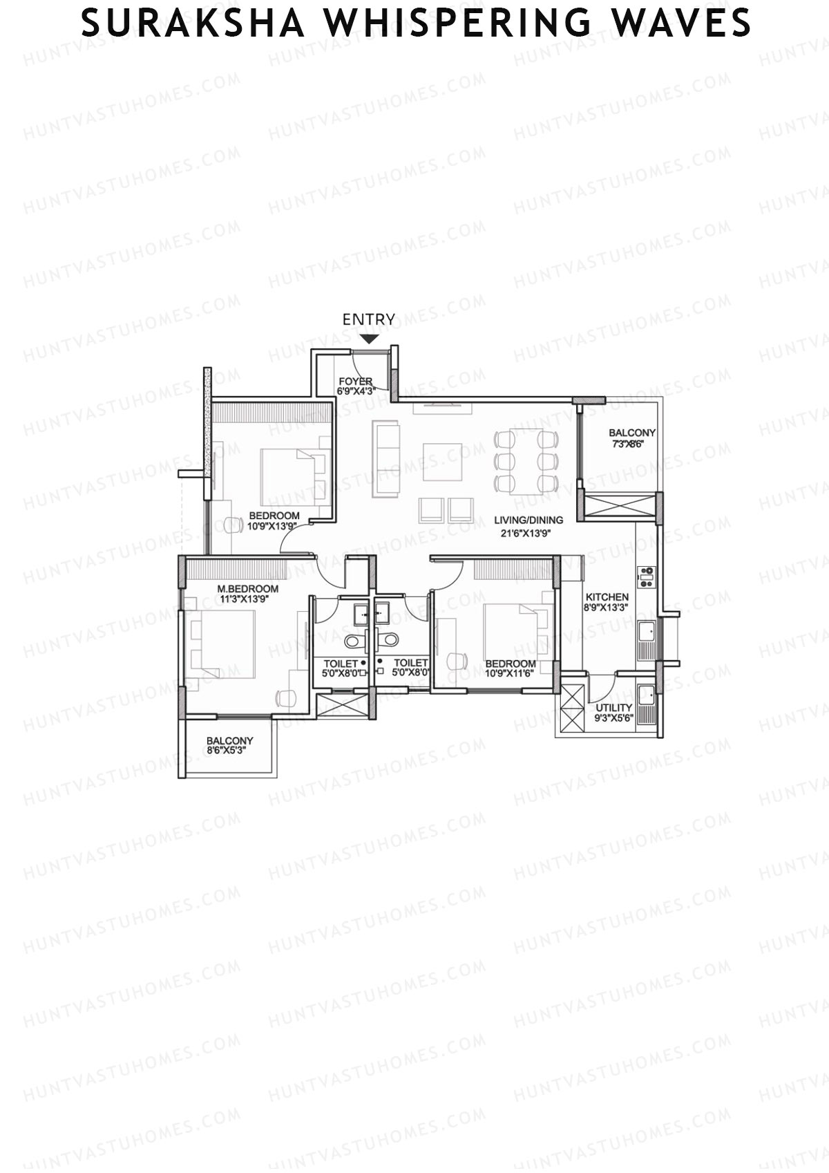 Suraksha Whispering Waves, Tower E, Unit 3 (Type E3), 3BHK, Super Area 1660   sq ft 