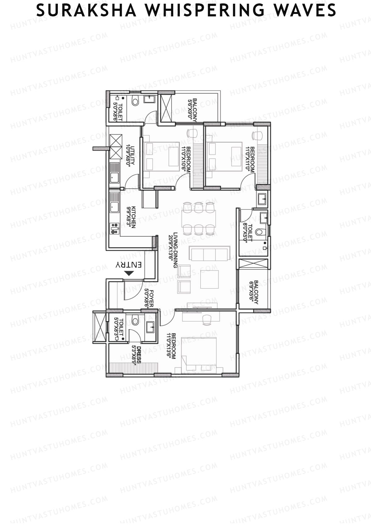 Suraksha Whispering Waves, Tower F, Unit 1 (Type F1), 3BHK, Super Area 1657   sq ft 