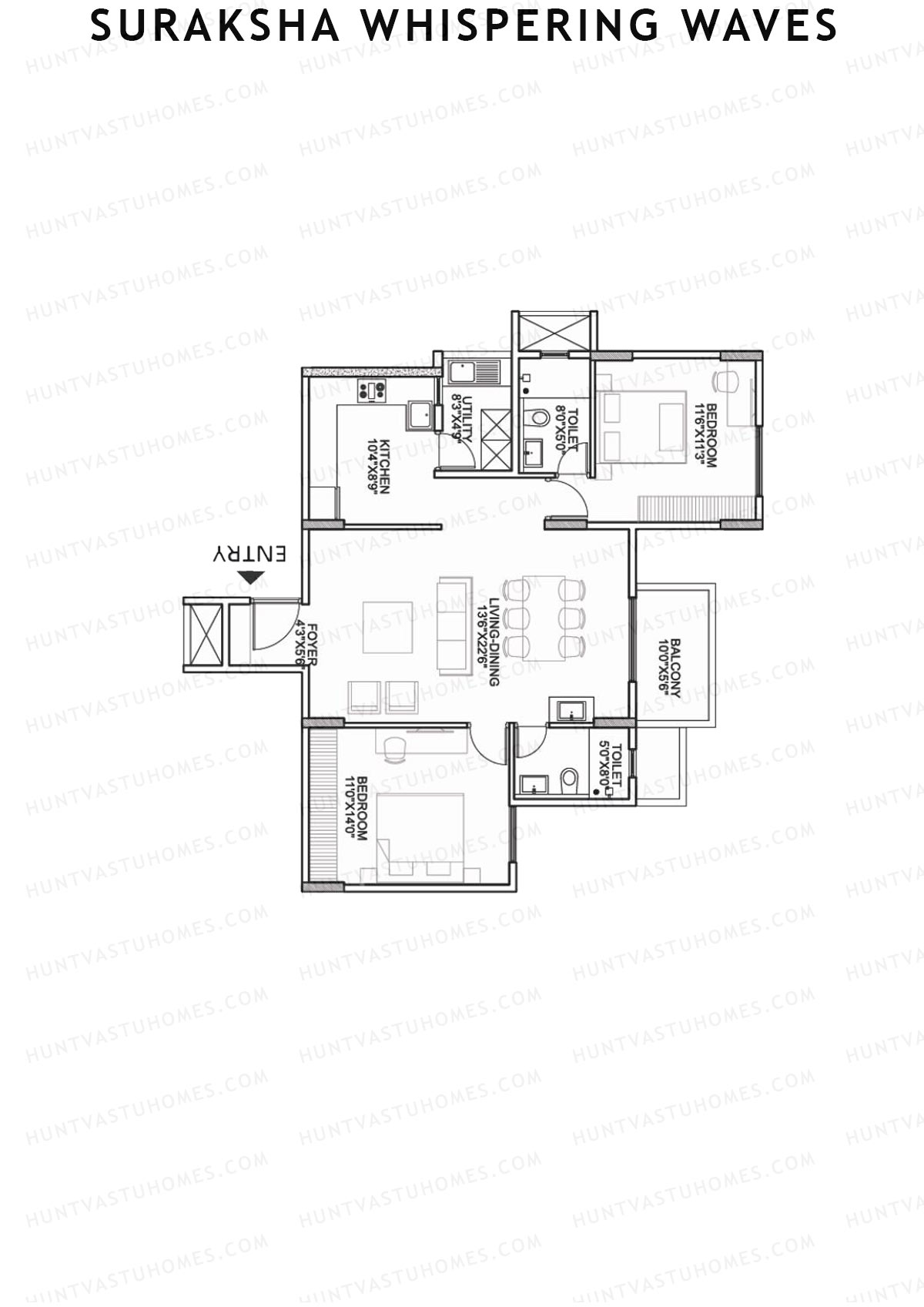 Suraksha Whispering Waves, Tower F, Unit 2 (Type F2), 2BHK, Super Area 1348   sq ft 