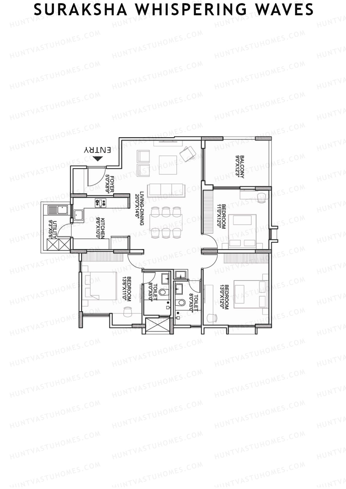 Suraksha Whispering Waves, Tower F, Unit 3 (Type F3), 3BHK, Super Area 1646   sq ft 