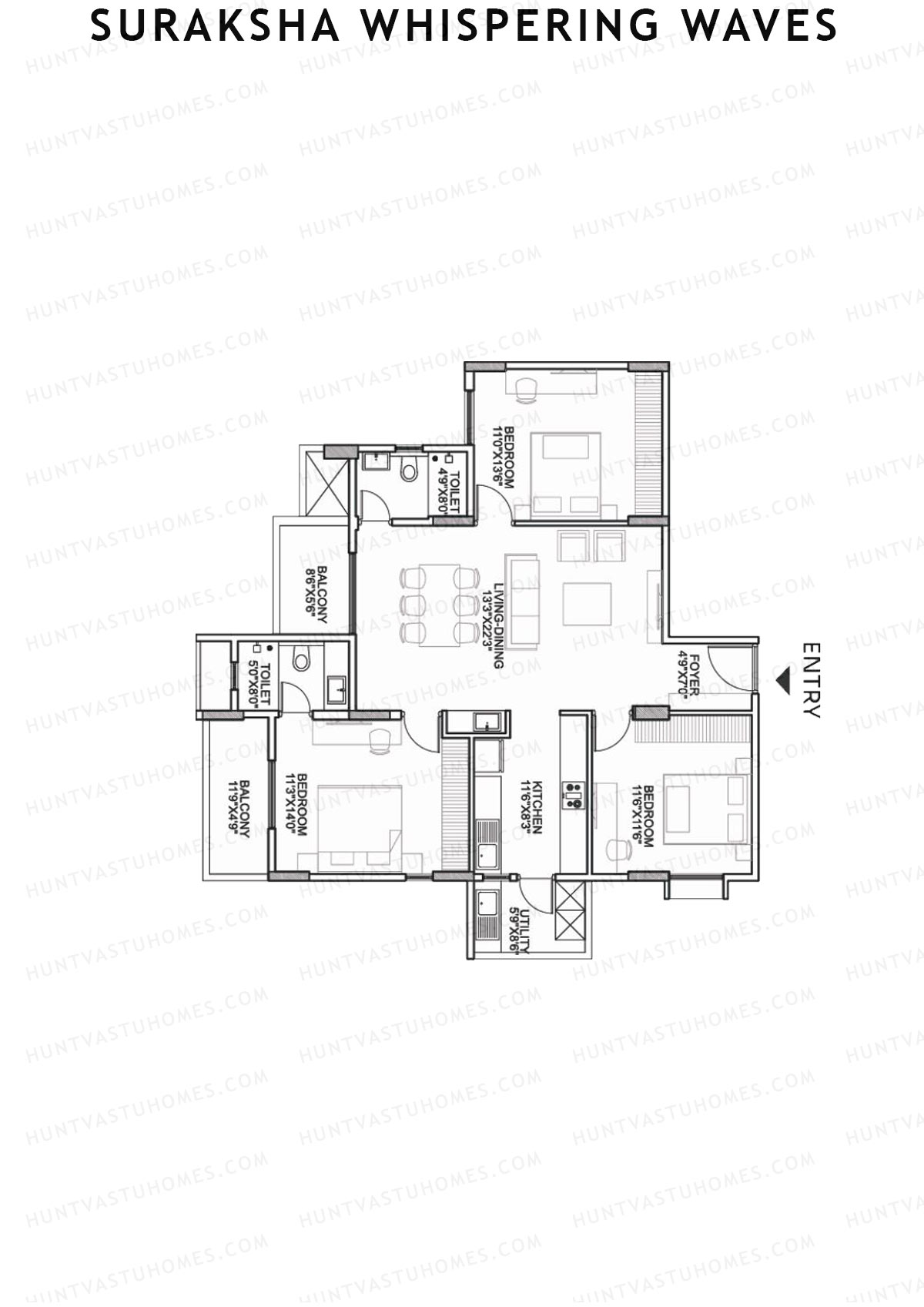 Suraksha Whispering Waves, Tower F, Unit 4 (Type F4), 3BHK, Super Area 1605   sq ft 