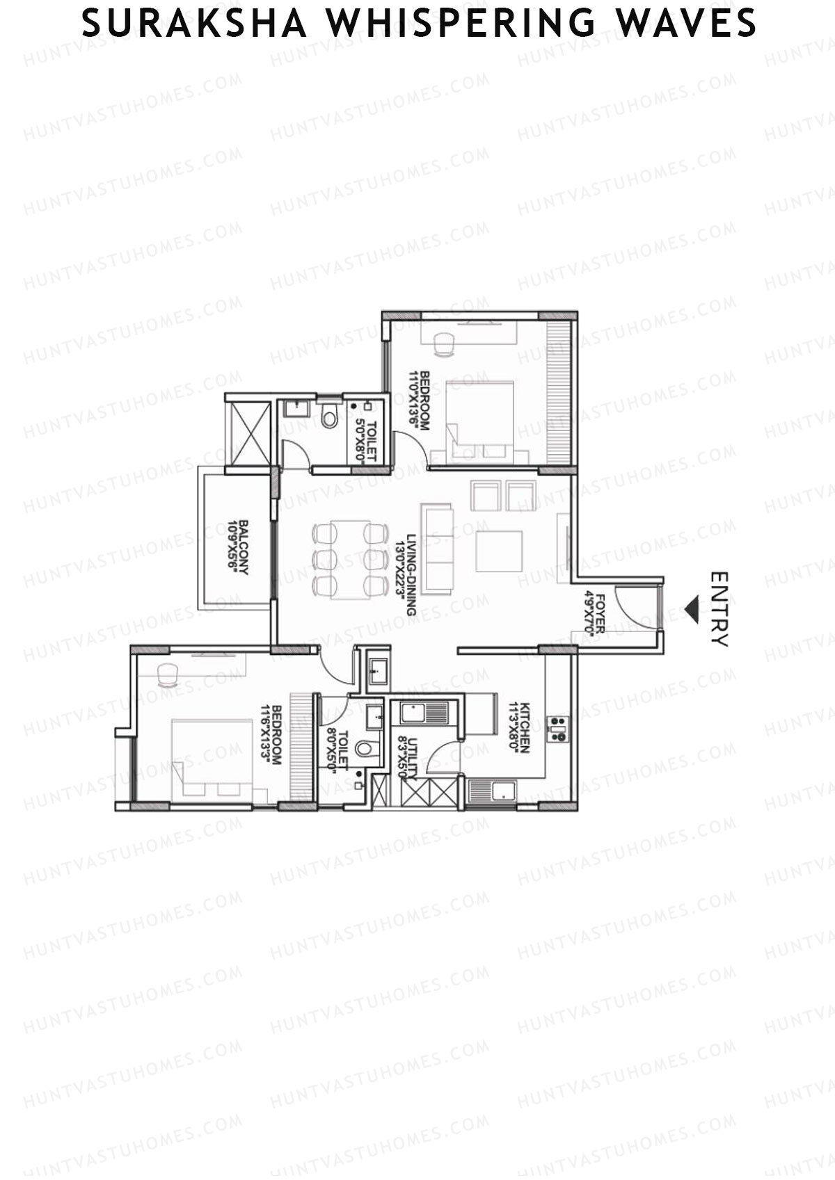 Suraksha Whispering Waves, Tower F, Unit 5 (Type F5), 2BHK, Super Area 1393   sq ft 