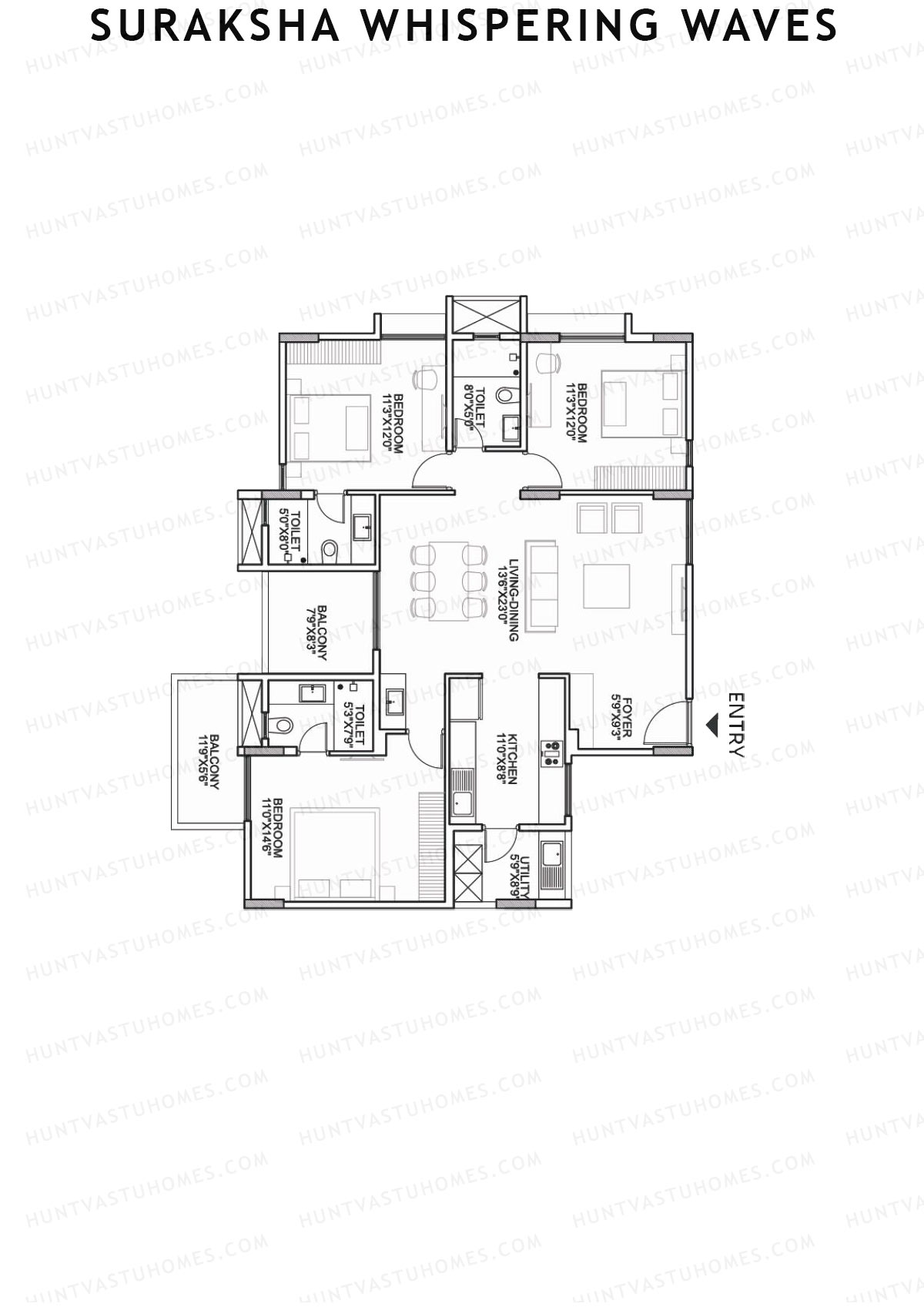 Suraksha Whispering Waves, Tower F, Unit 6 (Type F6), 3BHK, Super Area 1812   sq ft 