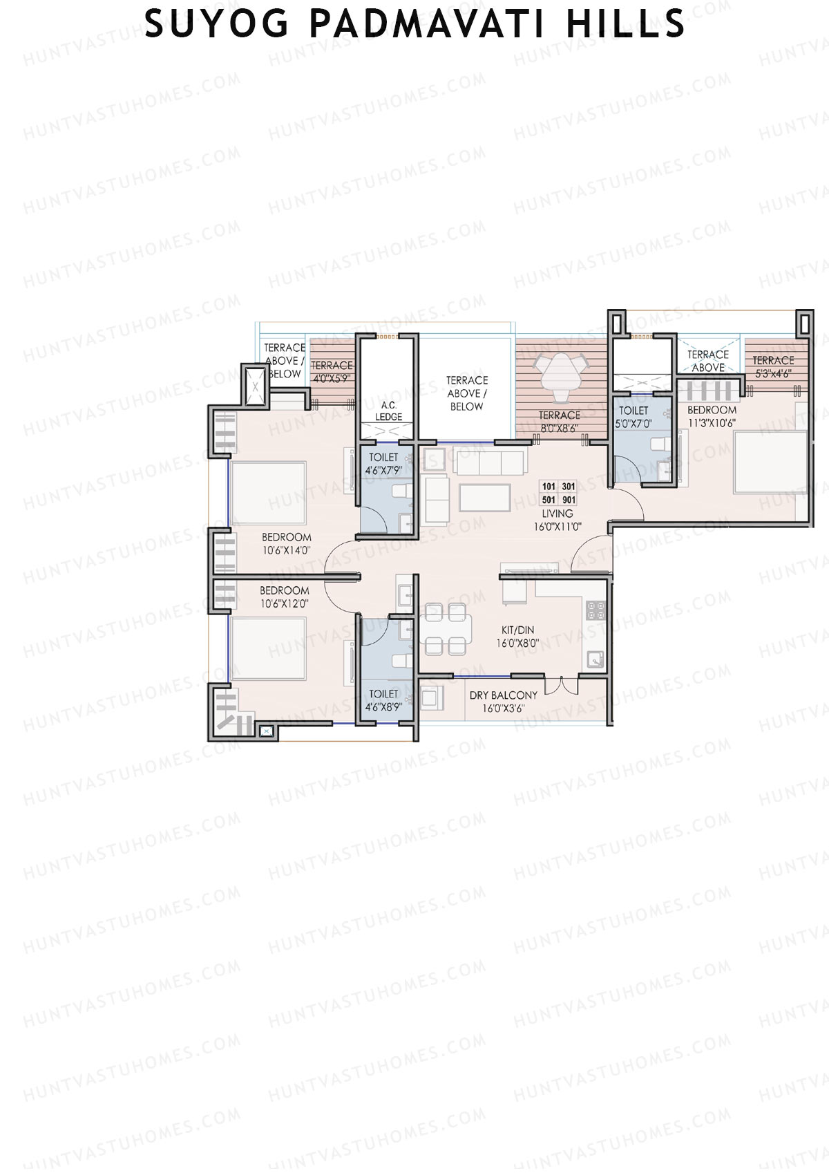 Suyog Padmavati Hills, Wing G, Unit 1, 3BHK, Carpet Area 840   sq ft 