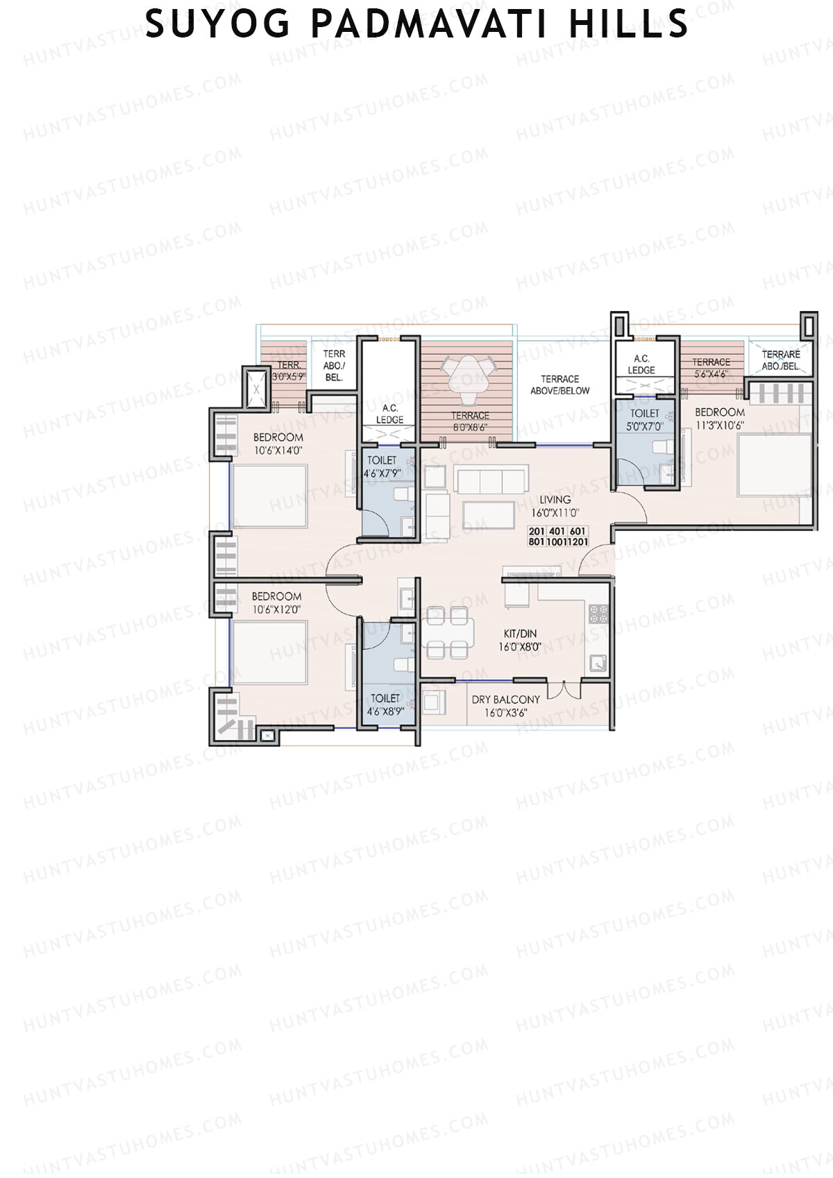 Suyog Padmavati Hills, Wing H, Unit 1, 3BHK, Carpet Area 840   sq ft 