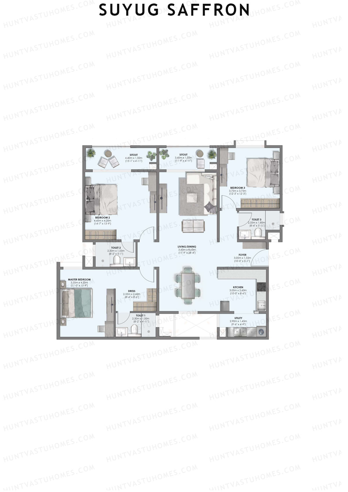 Suyug Saffron, Tower A, Unit 1 (Type 1), 3BHK, Super Area 2088   sq ft 