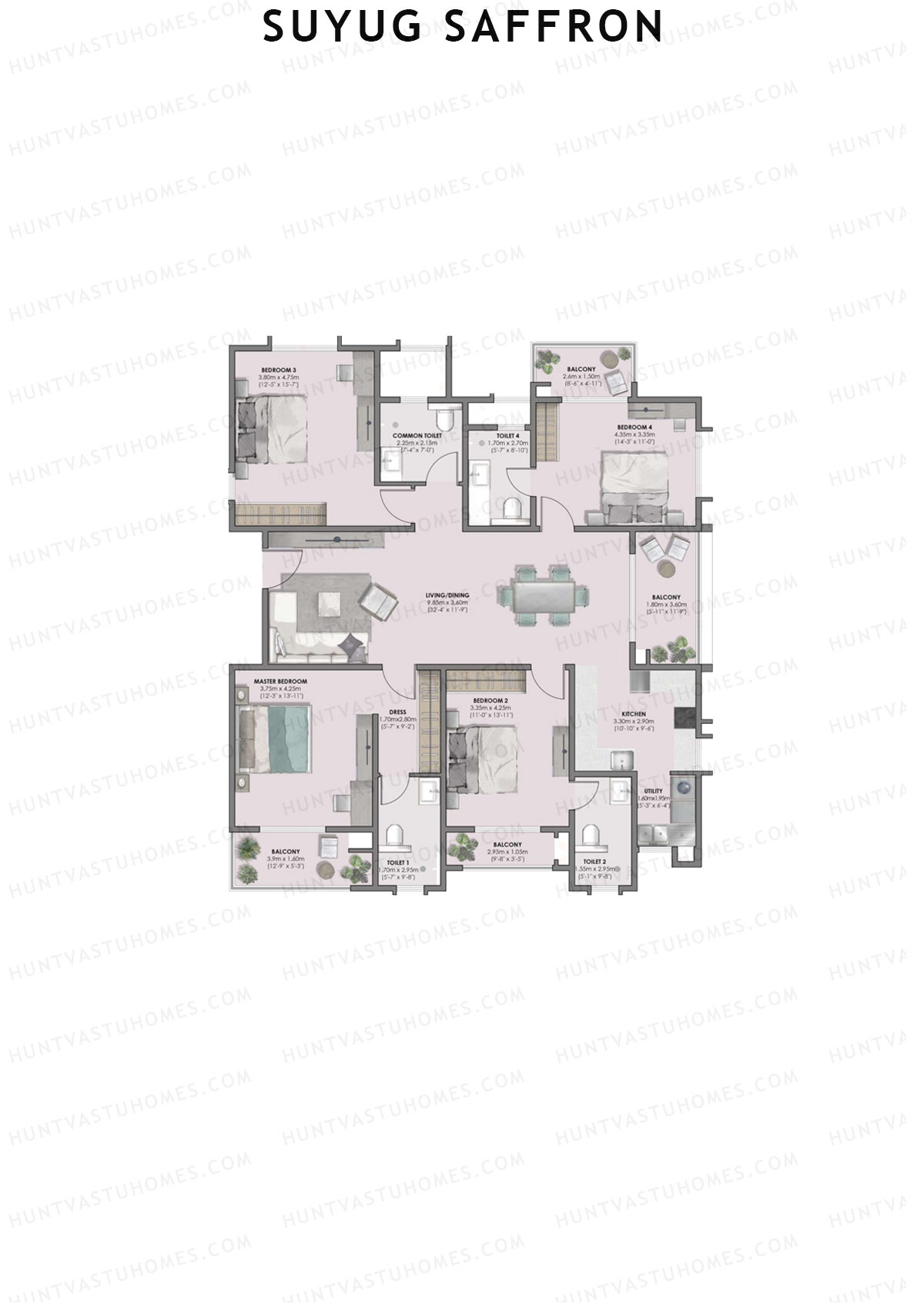 Suyug Saffron, Tower A, Unit 2 (Type 3), 4BHK, Super Area 2543   sq ft 