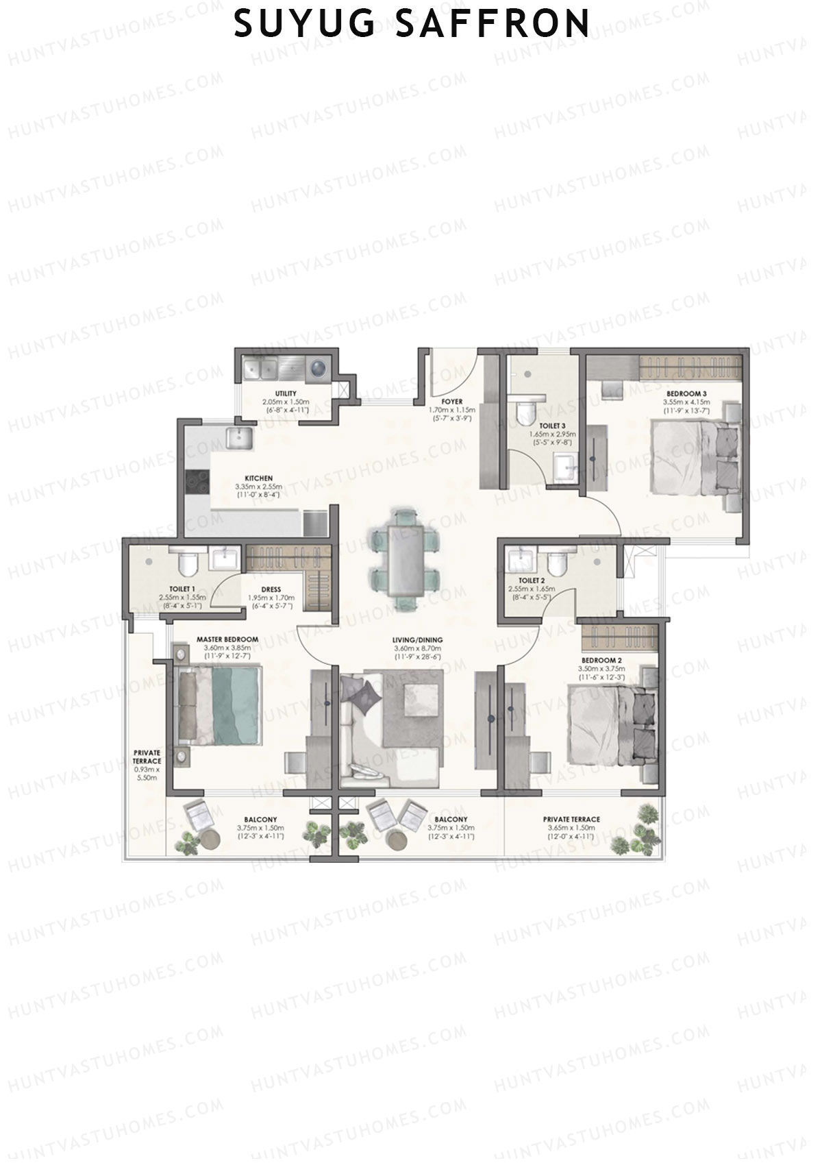 Suyug Saffron, Tower A, Unit 3 (Type 3), 3BHK, Super Area 1896   sq ft 