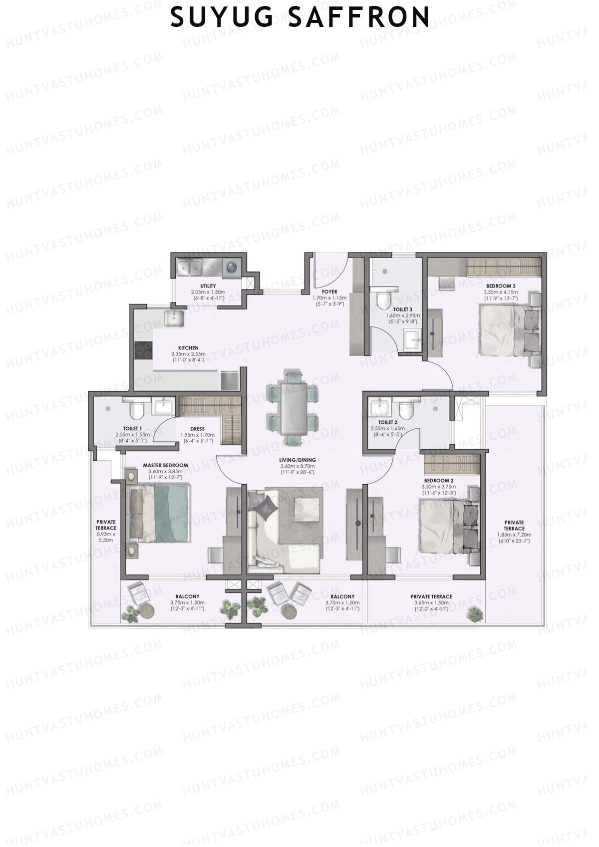 Suyug Saffron, Tower A, Unit 4 (Type 4), 3BHK, Super Area 1896   sq ft 
