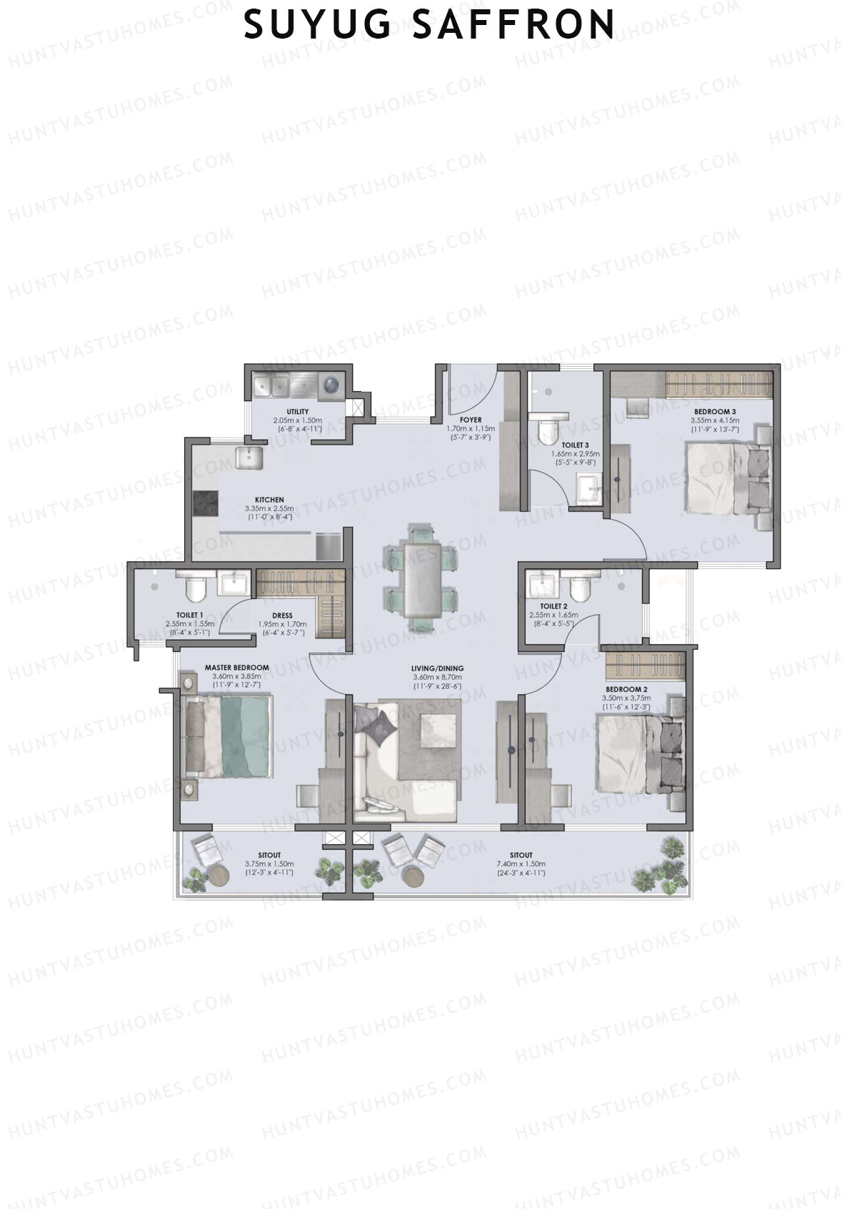 Suyug Saffron, Tower A, Unit 6 (Type 2), 3BHK, Super Area 1976   sq ft 