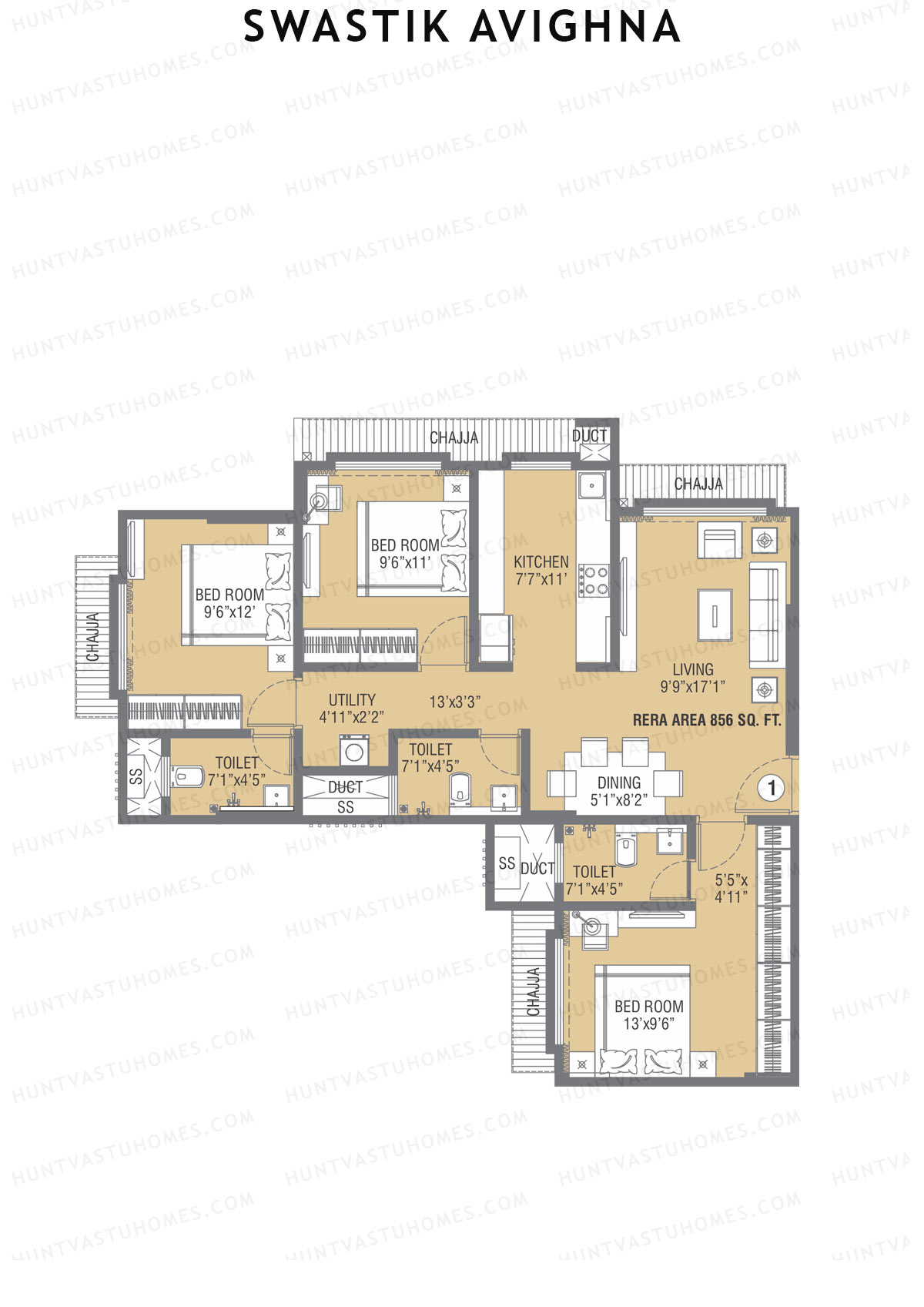 Swastik Avighna, Wing A, Unit 1, 3BHK, Carpet Area 856   sq ft 