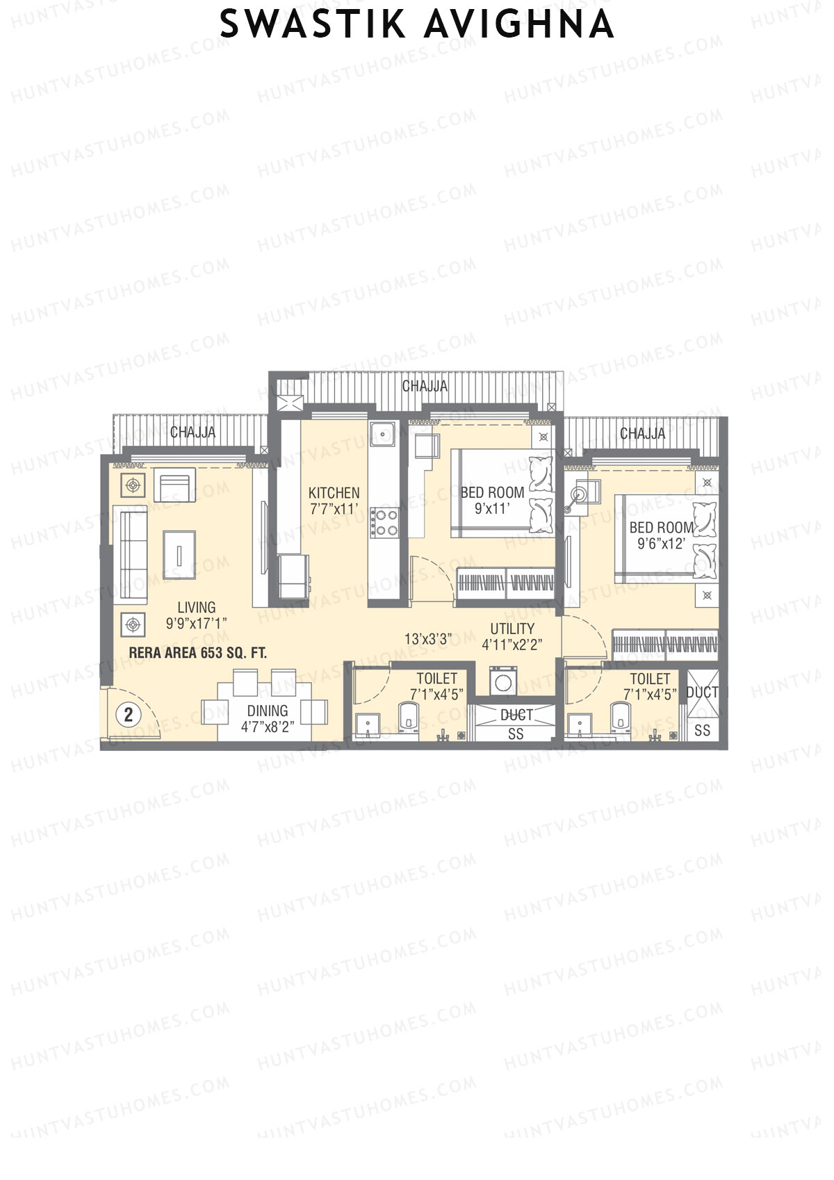 Swastik Avighna, Wing A, Unit 2, 2BHK, Carpet Area 653   sq ft 