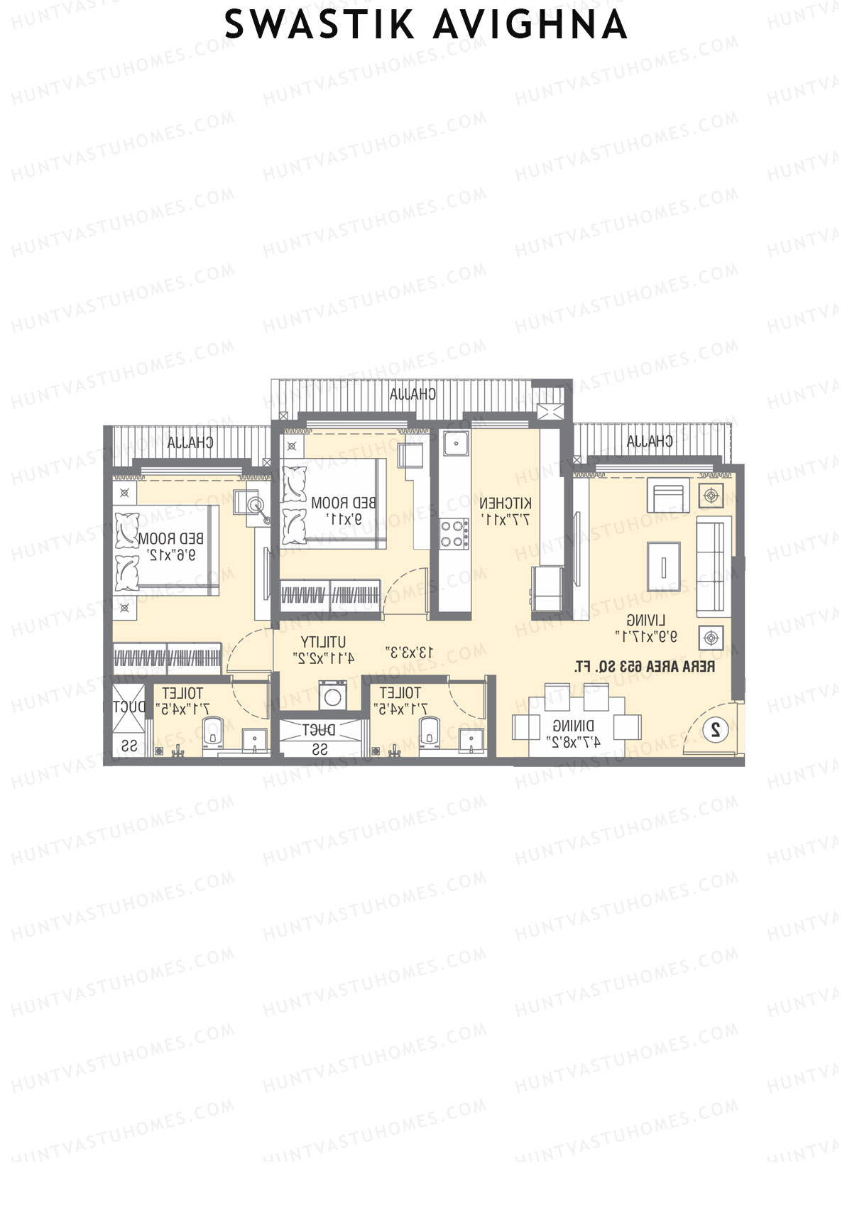 Swastik Avighna, Wing B, Unit 1, 2BHK, Carpet Area 653   sq ft 
