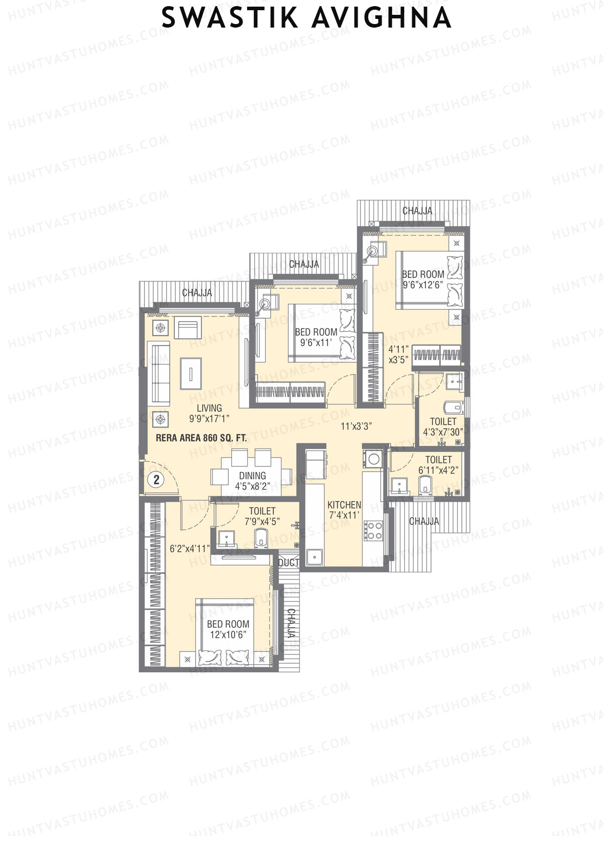 Swastik Avighna, Wing B, Unit 2, 3BHK, Carpet Area 860   sq ft 