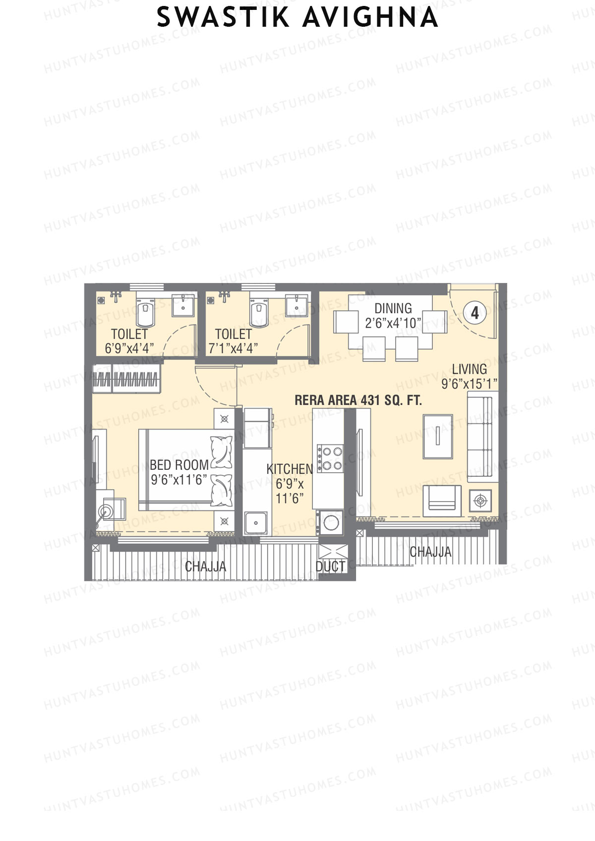 Swastik Avighna, Wing B, Unit 4, 1BHK, Carpet Area 431   sq ft 