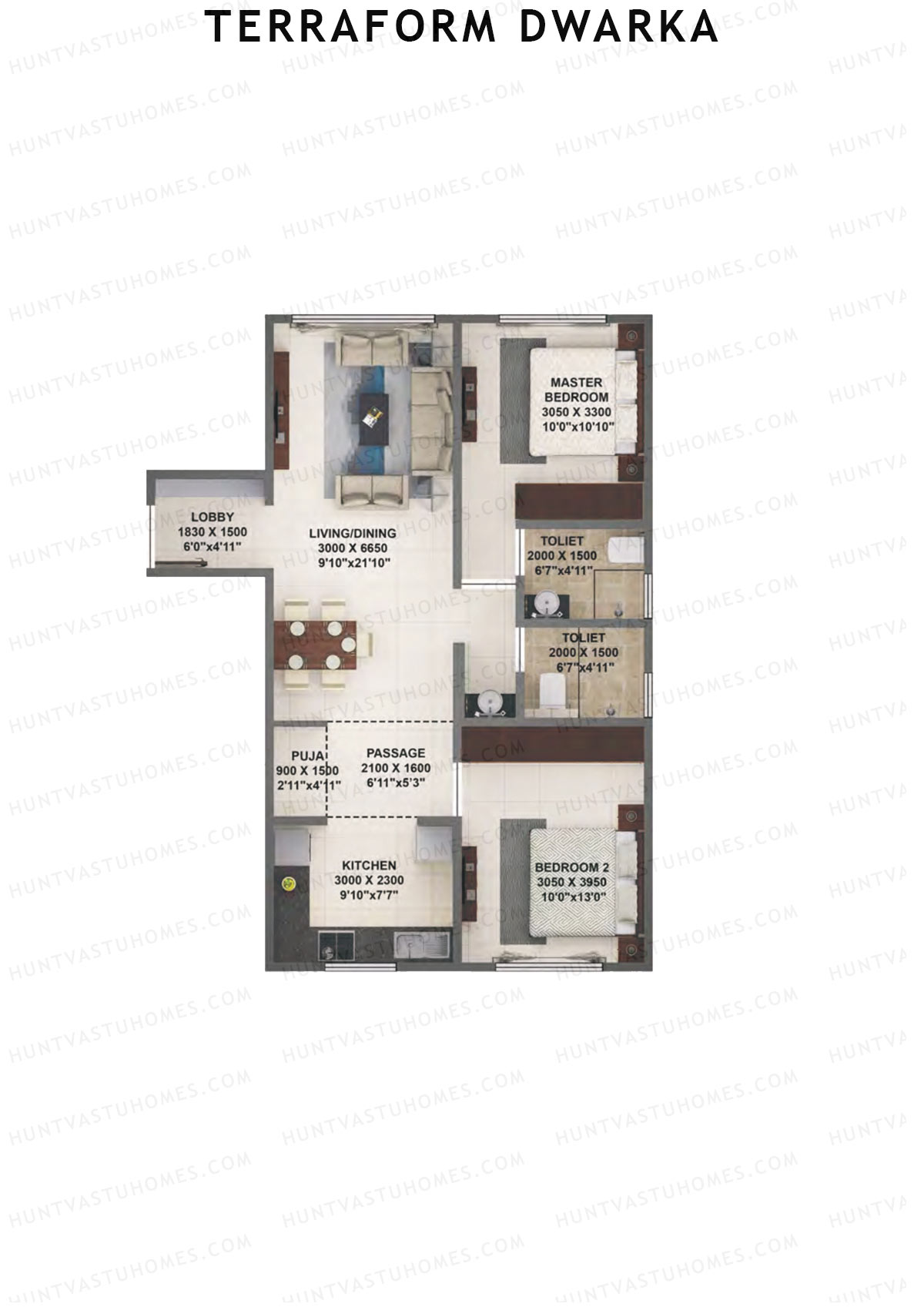 Terraform Dwarka, Wing A, Unit 1, 2BHK, Carpet Area 747   sq ft 