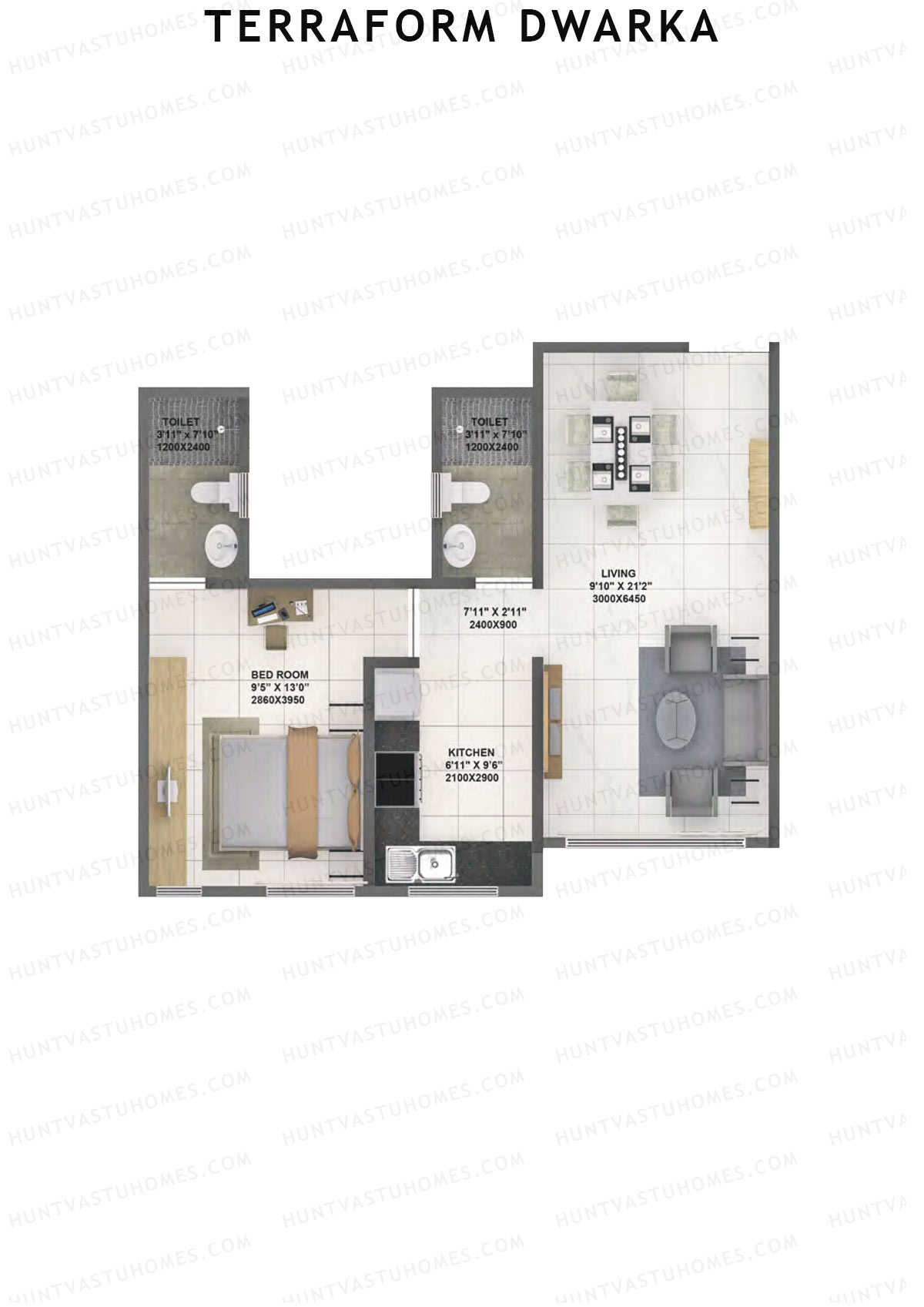 Terraform Dwarka, Wing A, Unit 3, 1BHK, Carpet Area 502   sq ft 