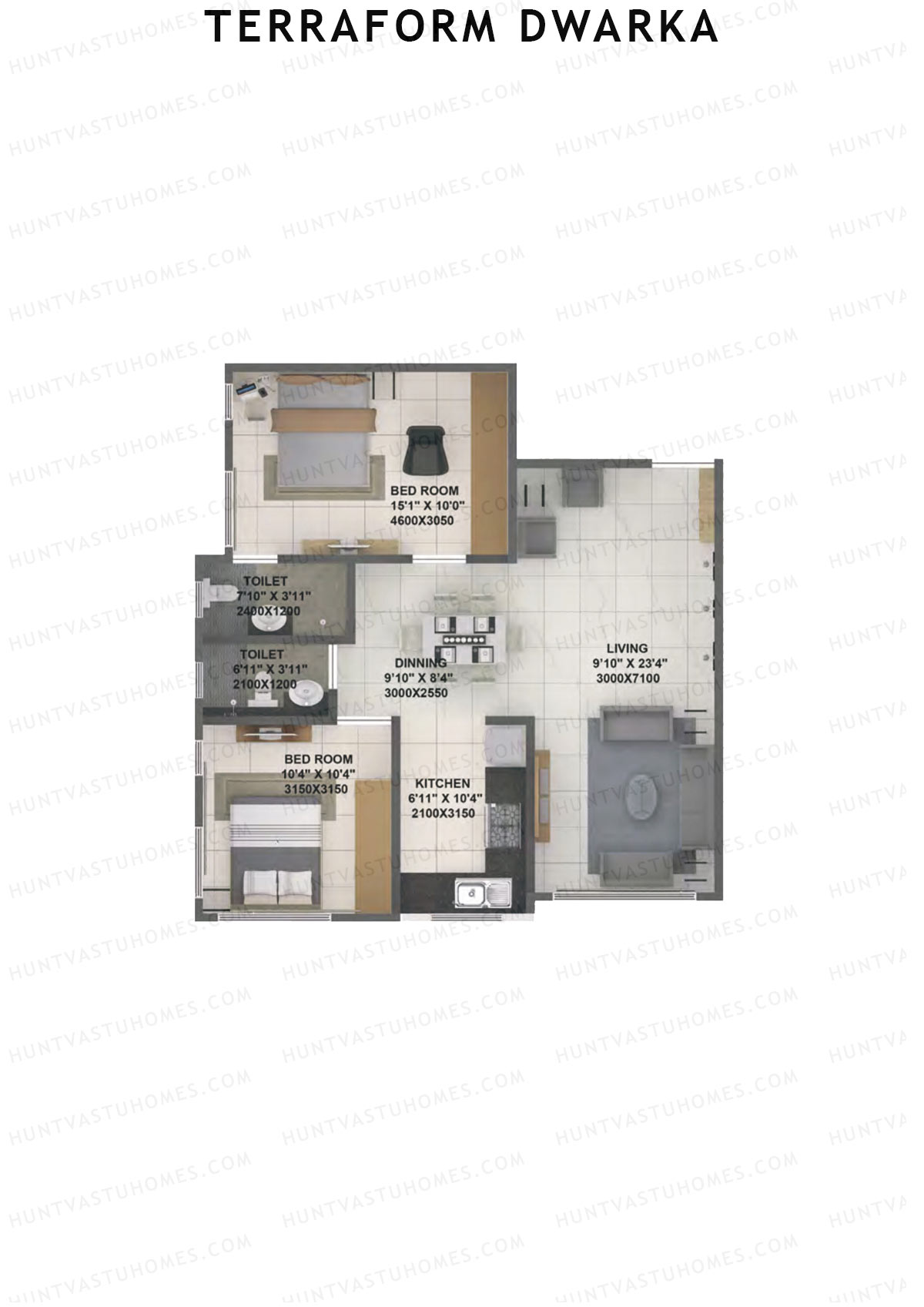 Terraform Dwarka, Wing A, Unit 4, 2BHK, Carpet Area 746   sq ft 