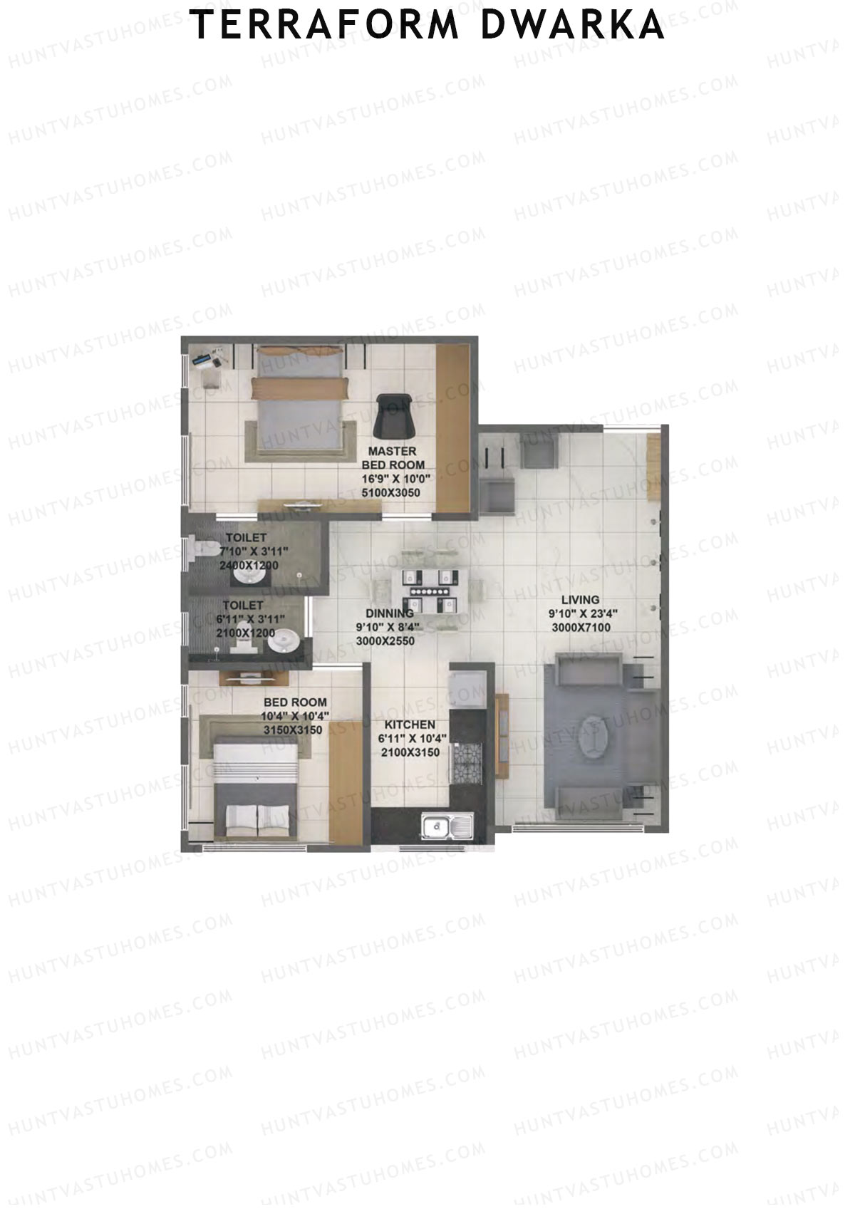 Terraform Dwarka, Wing A, Unit 4A, 2BHK, Carpet Area 763   sq ft 