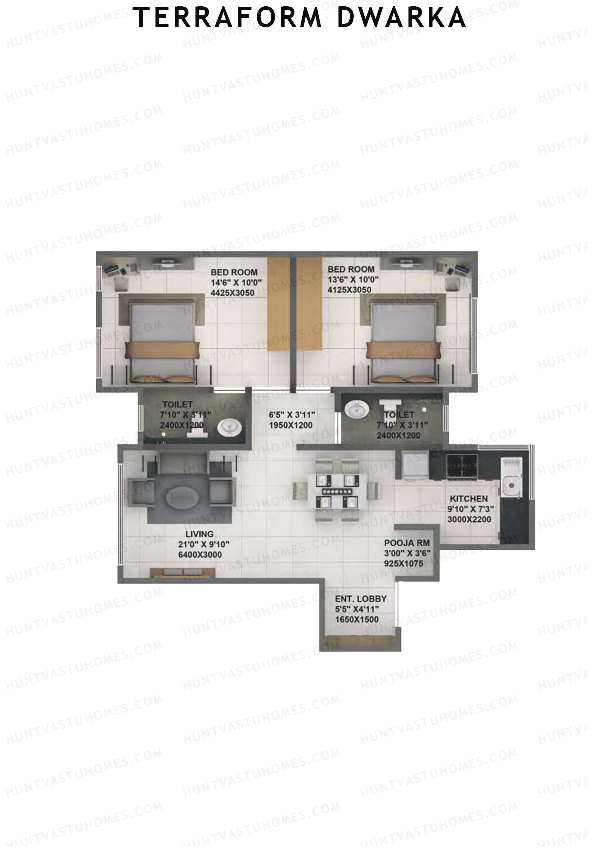 Terraform Dwarka, Wing A, Unit 5, 2BHK, Carpet Area 718   sq ft 